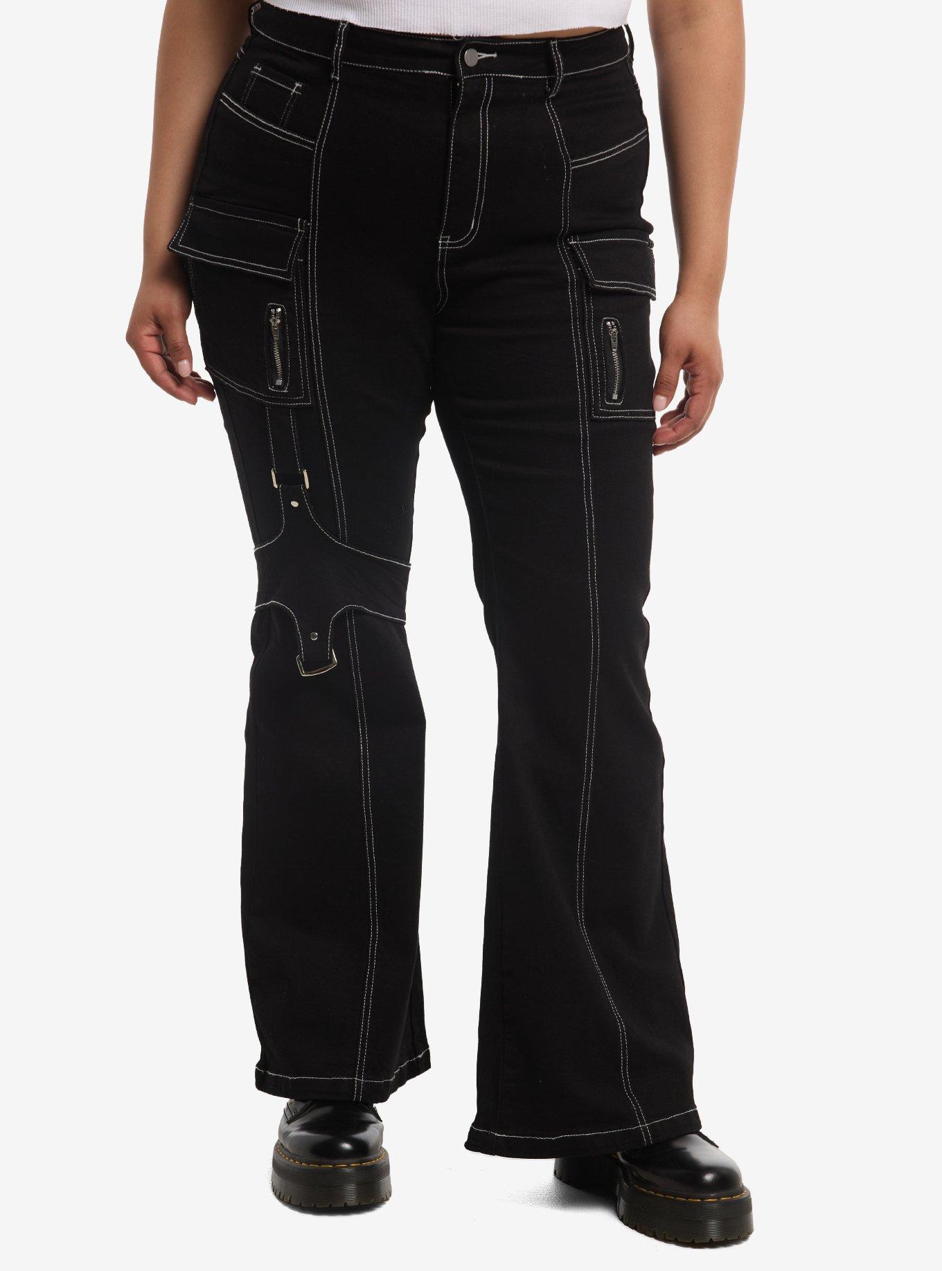 Black Harness Strap Buckle Cargo Jeans Plus Size, , hi-res