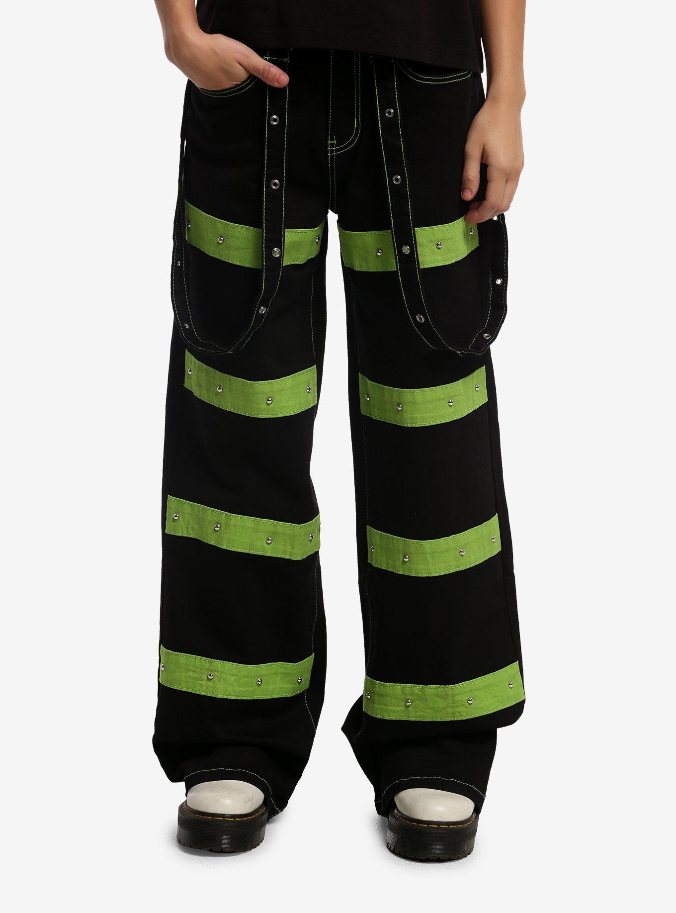 HOTTOPIC Black & Green Stripe Hardware Suspender Jeans