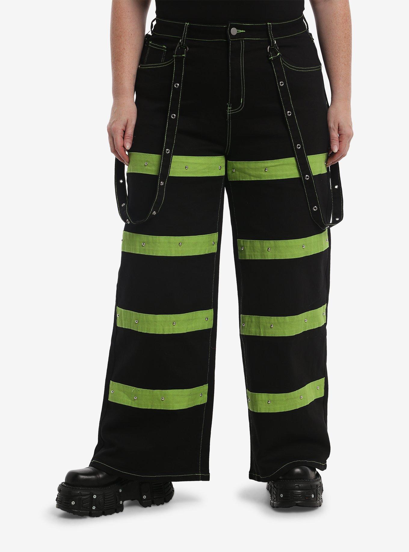 Black & Green Stripe Hardware Suspender Jeans Plus Size