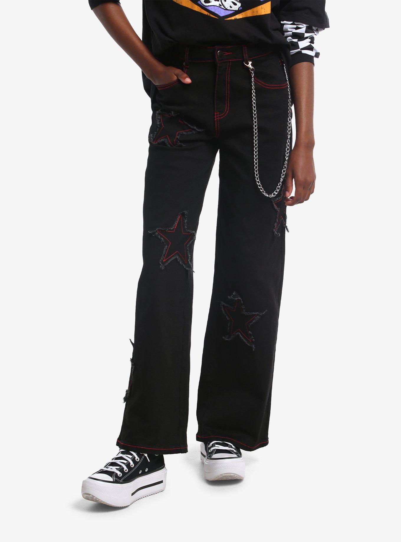 Social Collision Black & Red Star Patch Jeans With Side Chain, , hi-res