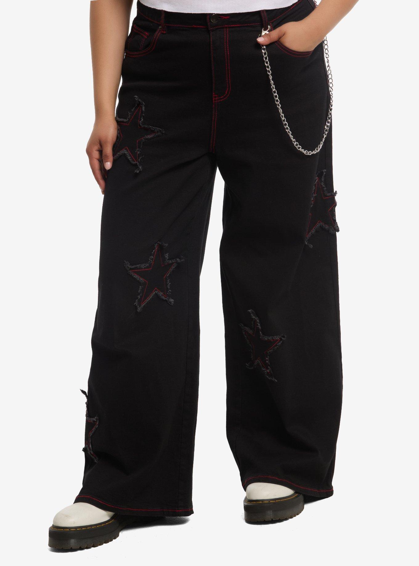 Social Collision Black & Red Star Patch Jeans With Side Chain Plus Size, , hi-res
