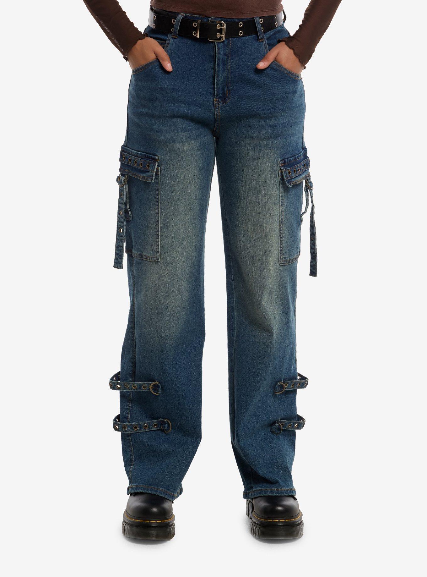 HOTTOPIC Indigo Wash Grommet Belted Cargo Jeans