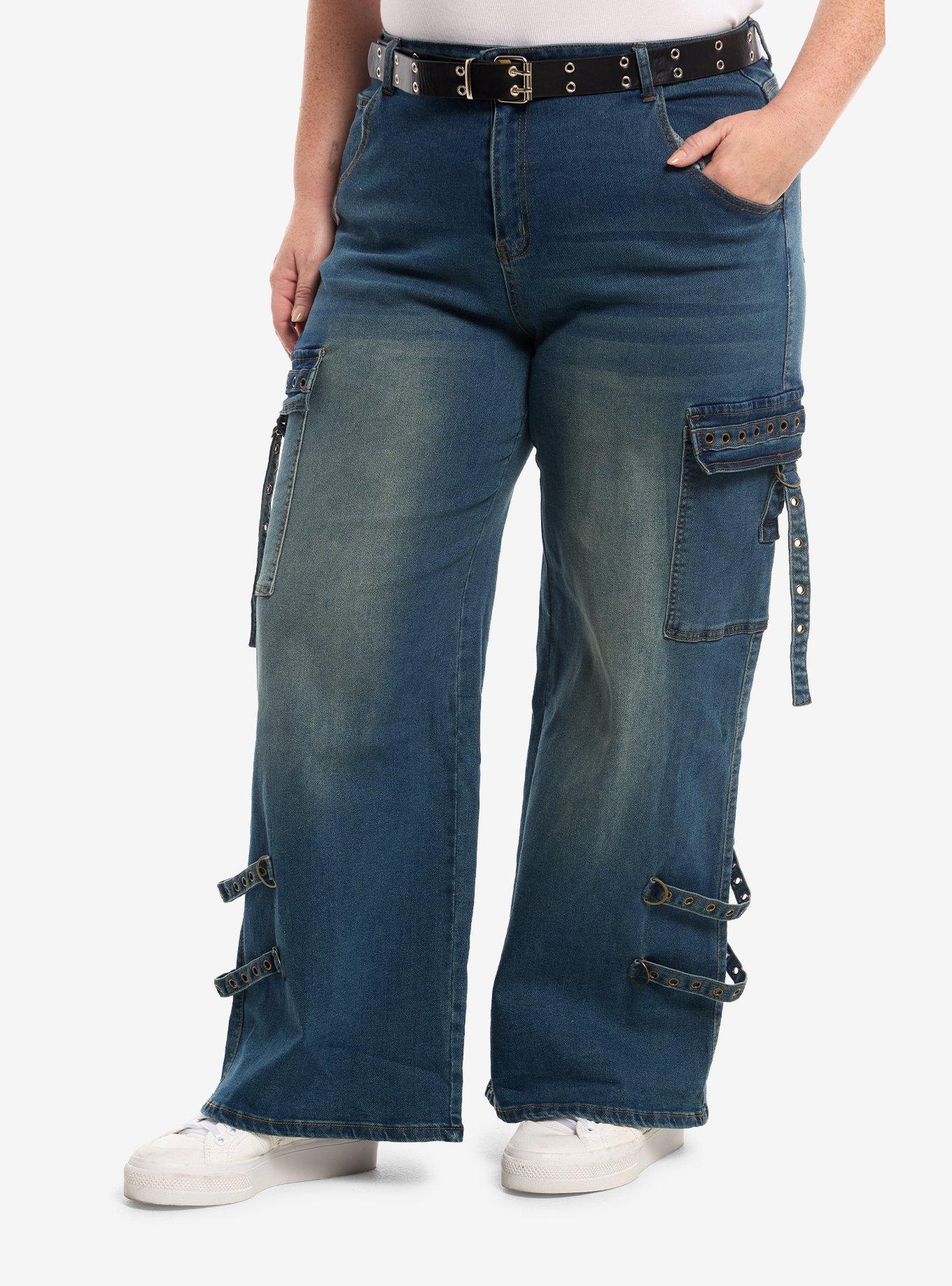 HOTTOPIC Indigo Wash Grommet Belted Cargo Jeans Plus Size