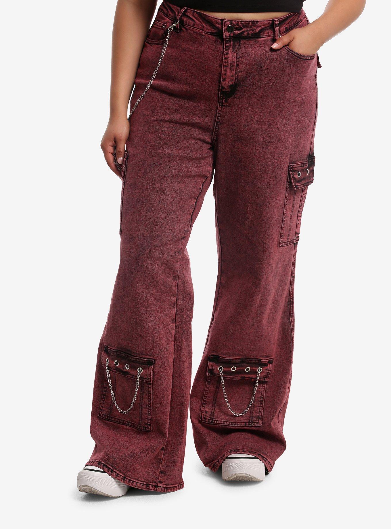 Red Wash Grommet Cargo Pants With Side Chain Plus Size | Hot Topic