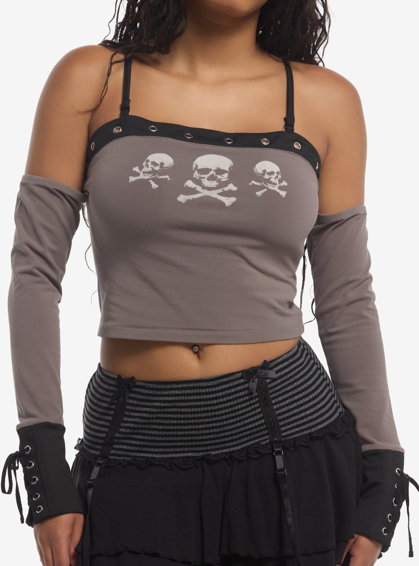 Social Collision Skull & Crossbones Grommet Girls Cold-Shoulder Top, , hi-res
