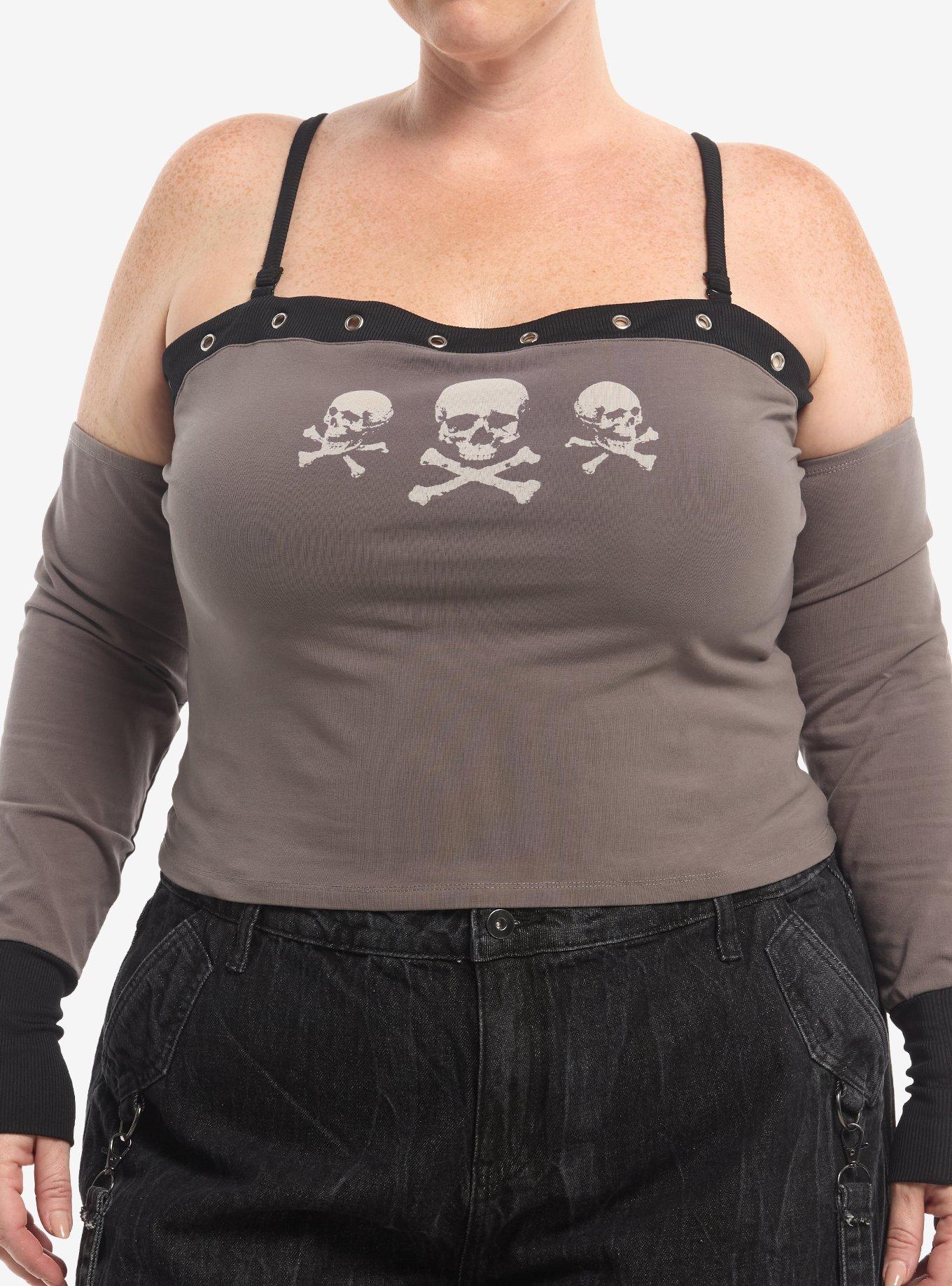 Social Collision Skull & Crossbones Grommet Girls Cold-Shoulder Top Plus Size, , hi-res
