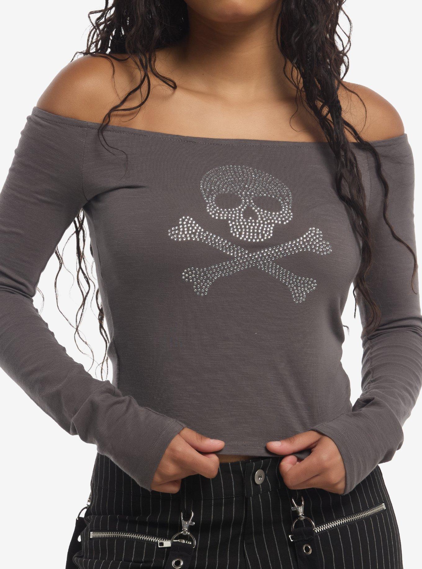 Social Collision Skull & Wings Rhinestone Girls Off-Shoulder Top, , hi-res
