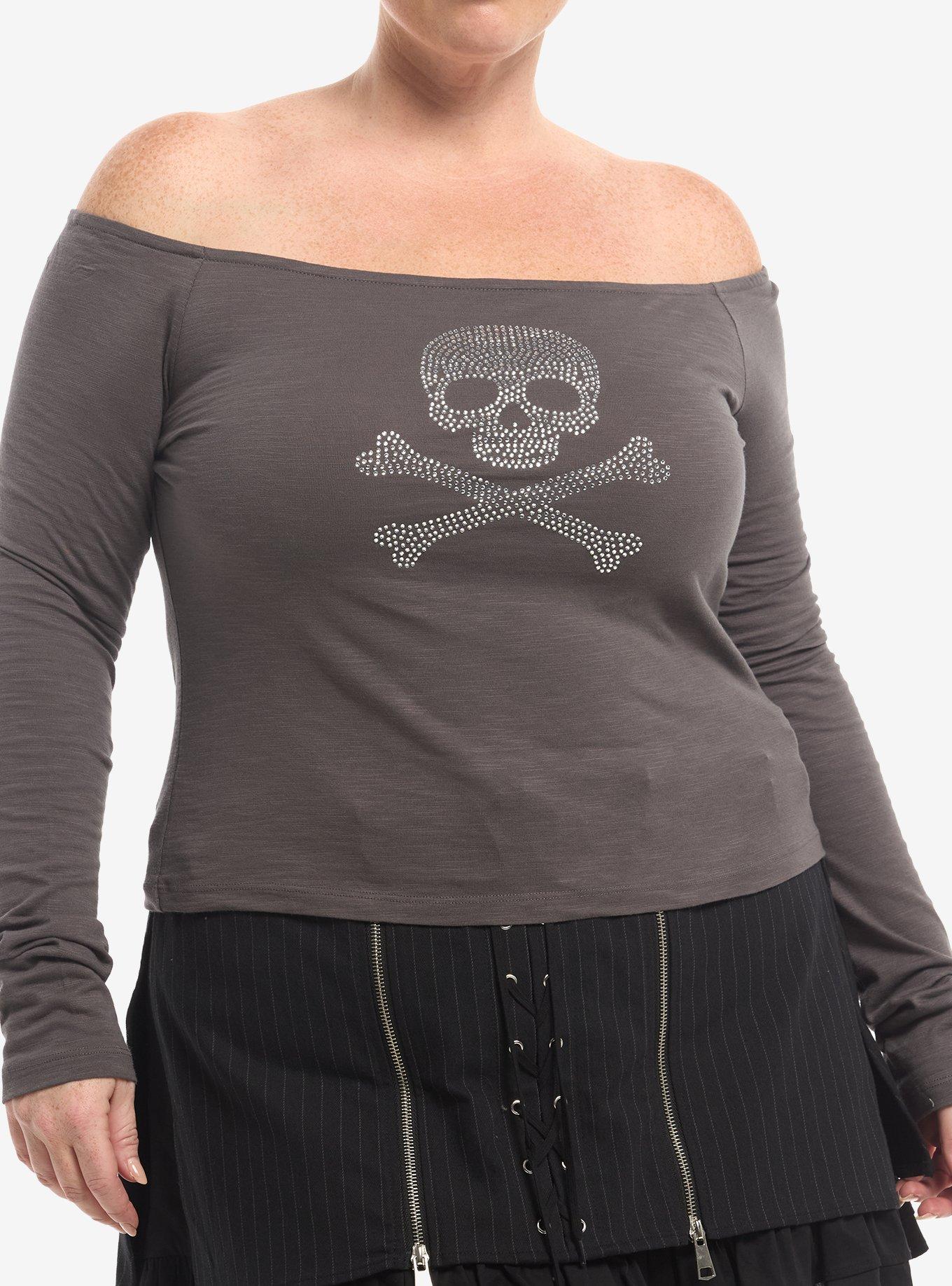Social Collision Skull & Wings Rhinestone Girls Off-Shoulder Top Plus Size, , hi-res