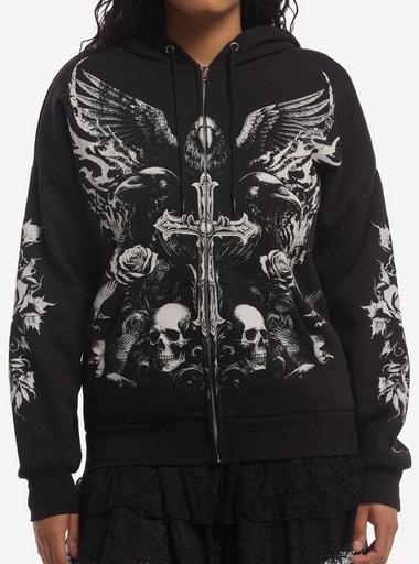 Cosmic Aura Raven Skull Cross Girls Hoodie | Hot Topic