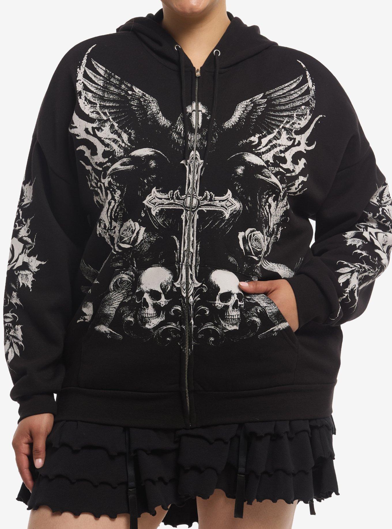 Cosmic Aura Raven Skull Cross Girls Hoodie Plus Size, , hi-res