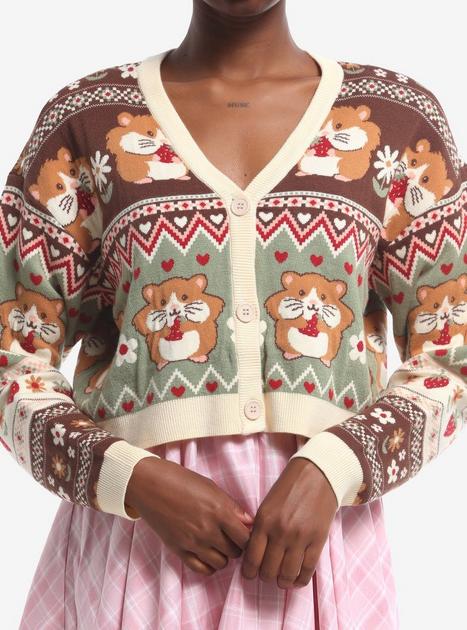 Thorn & Fable Hamster Fair Isle Girls Crop Cardigan | Hot Topic