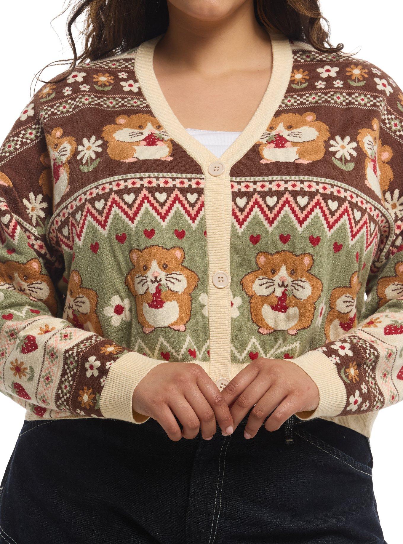 Thorn & Fable Hamster Fair Isle Girls Crop Cardigan Plus Size, , hi-res