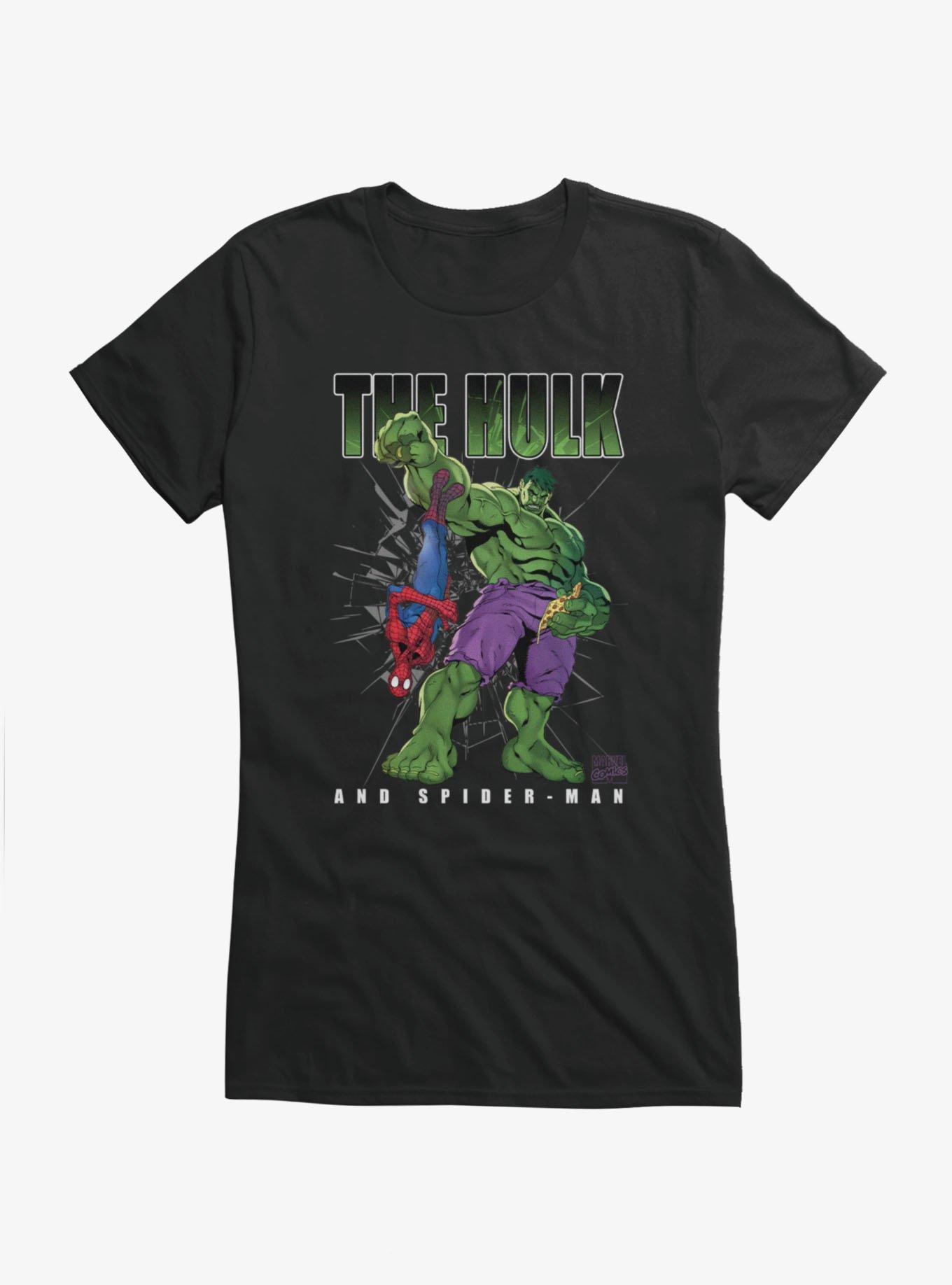 Marvel Comics The Hulk And Spider-Man Eating Pizza T-Shirt, BLACK, hi-res