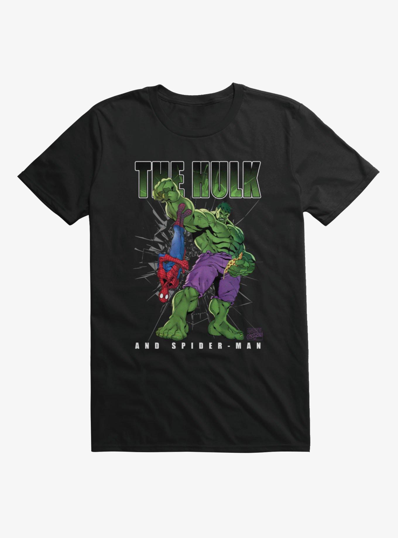 Marvel Comics The Hulk And Spider-Man Eating Pizza T-Shirt