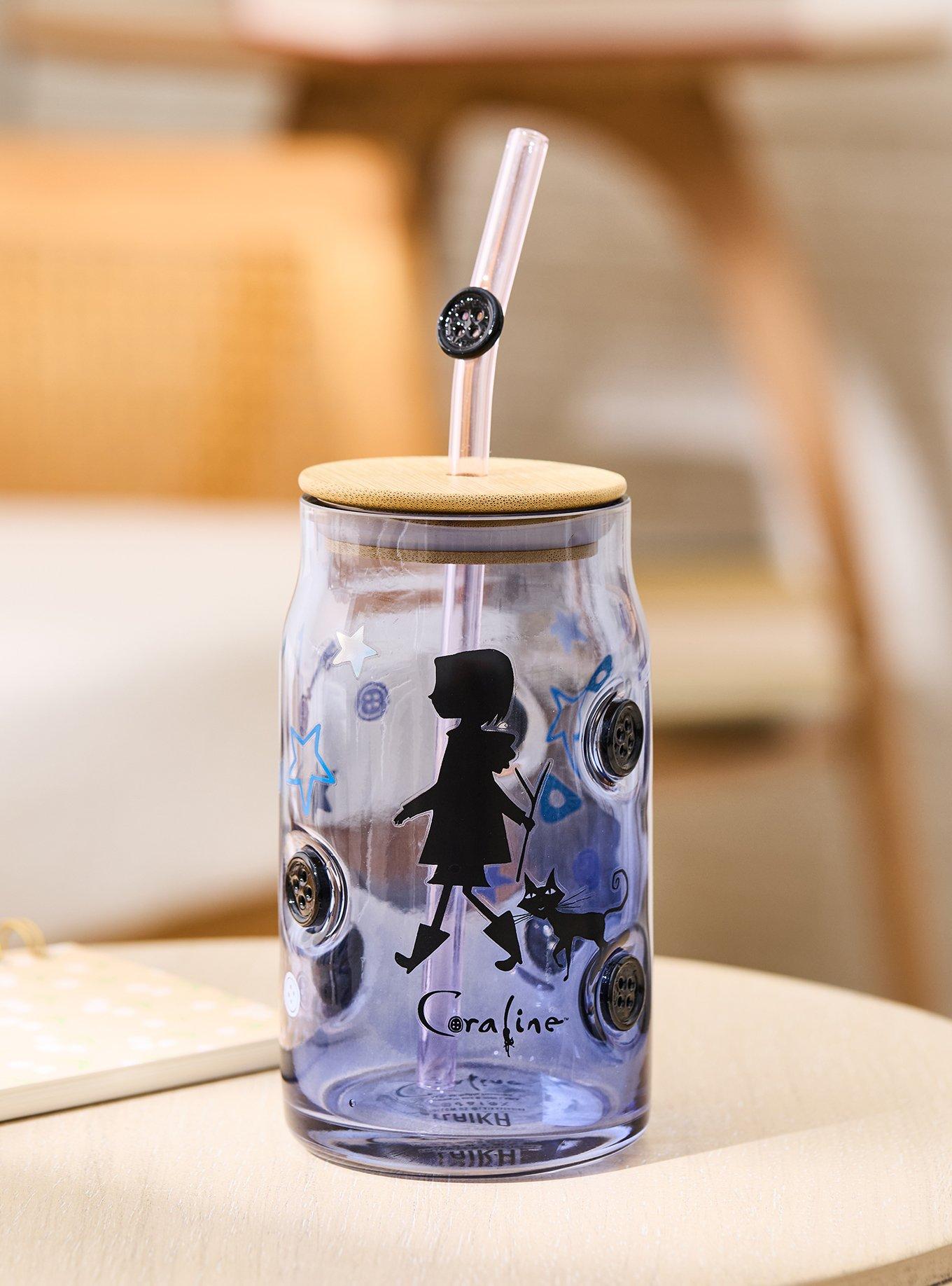 Coraline Button Silhouettes Glass Cup with Straw - BoxLunch Exclusive, , hi-res