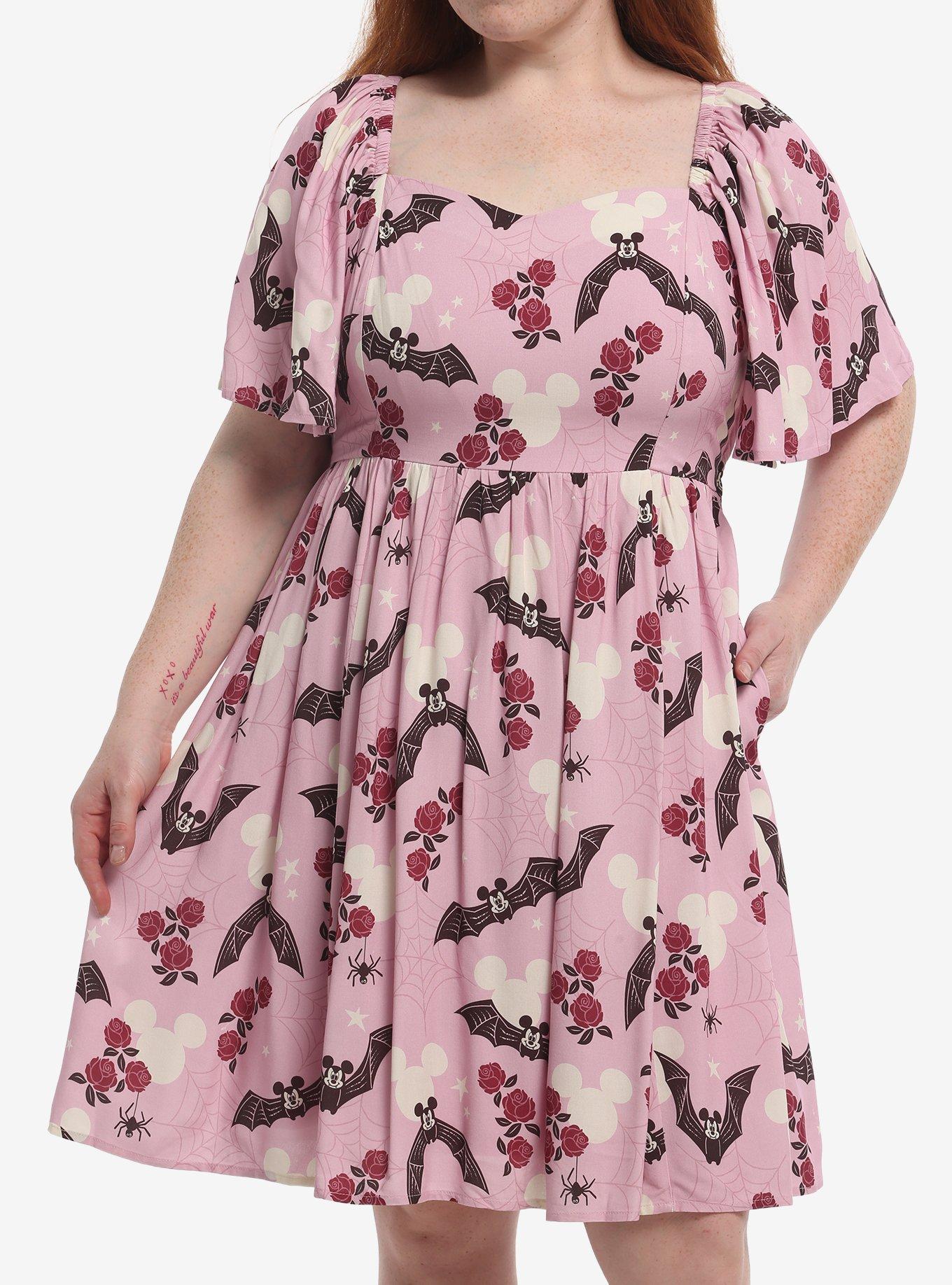 Her Universe Disney Mickey Bats Floral Allover Print Plus Size Flutter Sleeve Dress Her Universe Exclusive, , hi-res