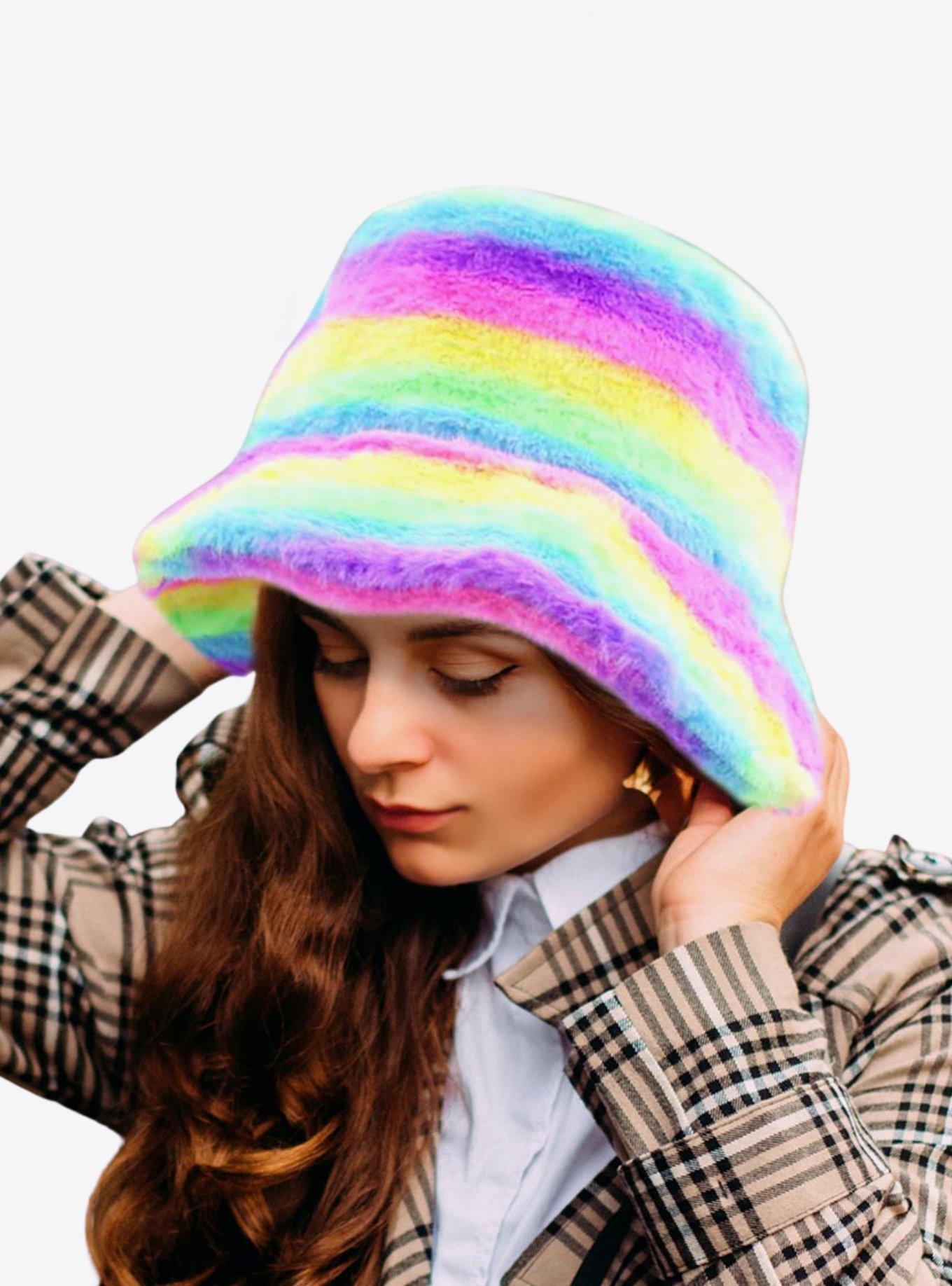 Rainbow Faux Fur Bucket Hat, , hi-res