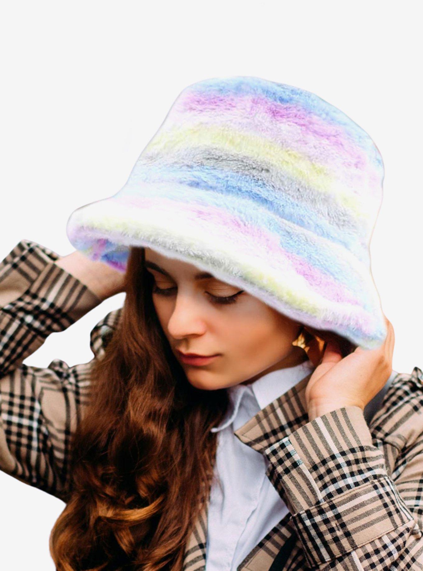 Pastel Rainbow Faux Fur Bucket Hat, , hi-res