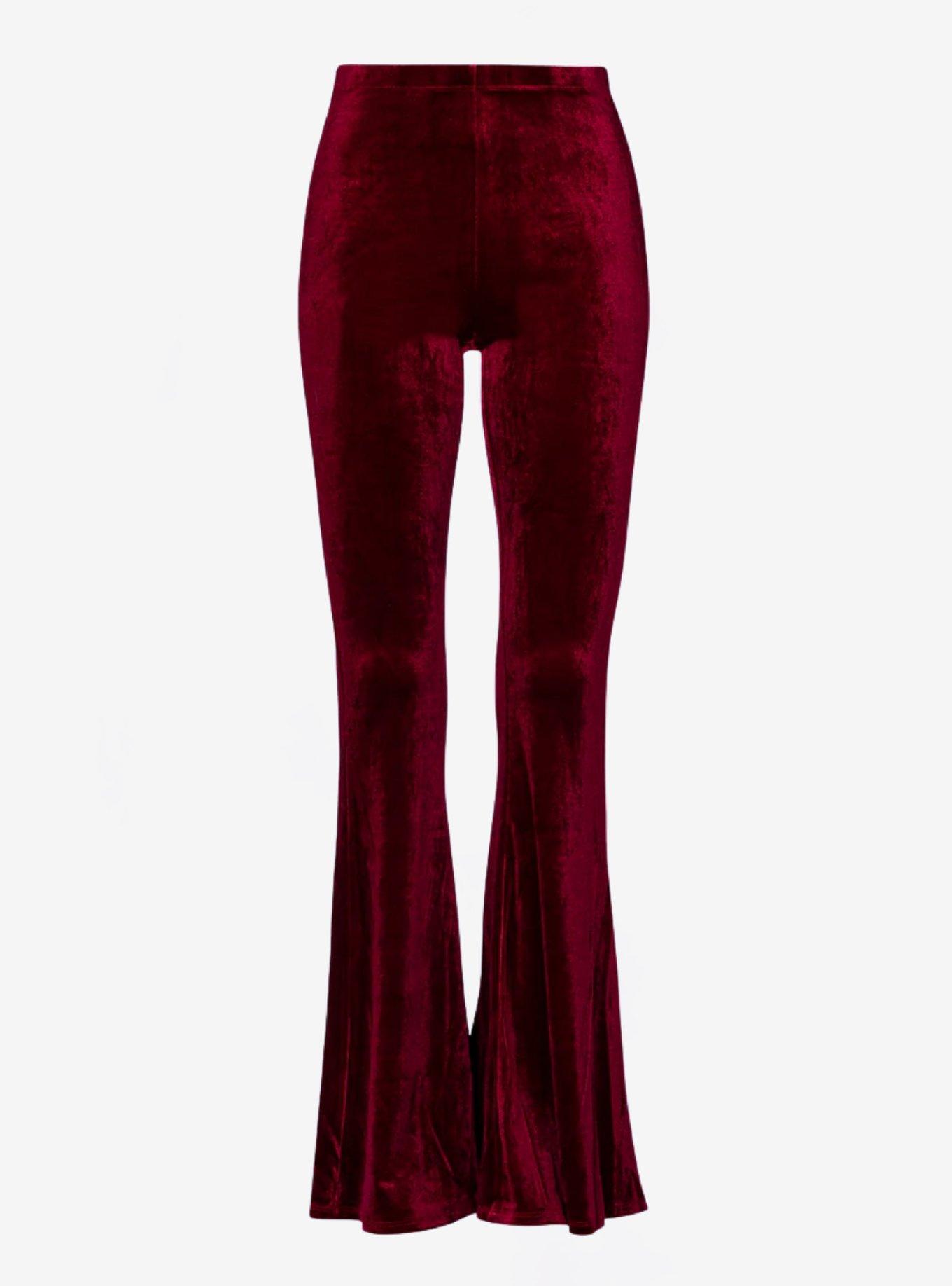Burgundy Velvet Bell Bottoms Retro Flare Pants, , hi-res
