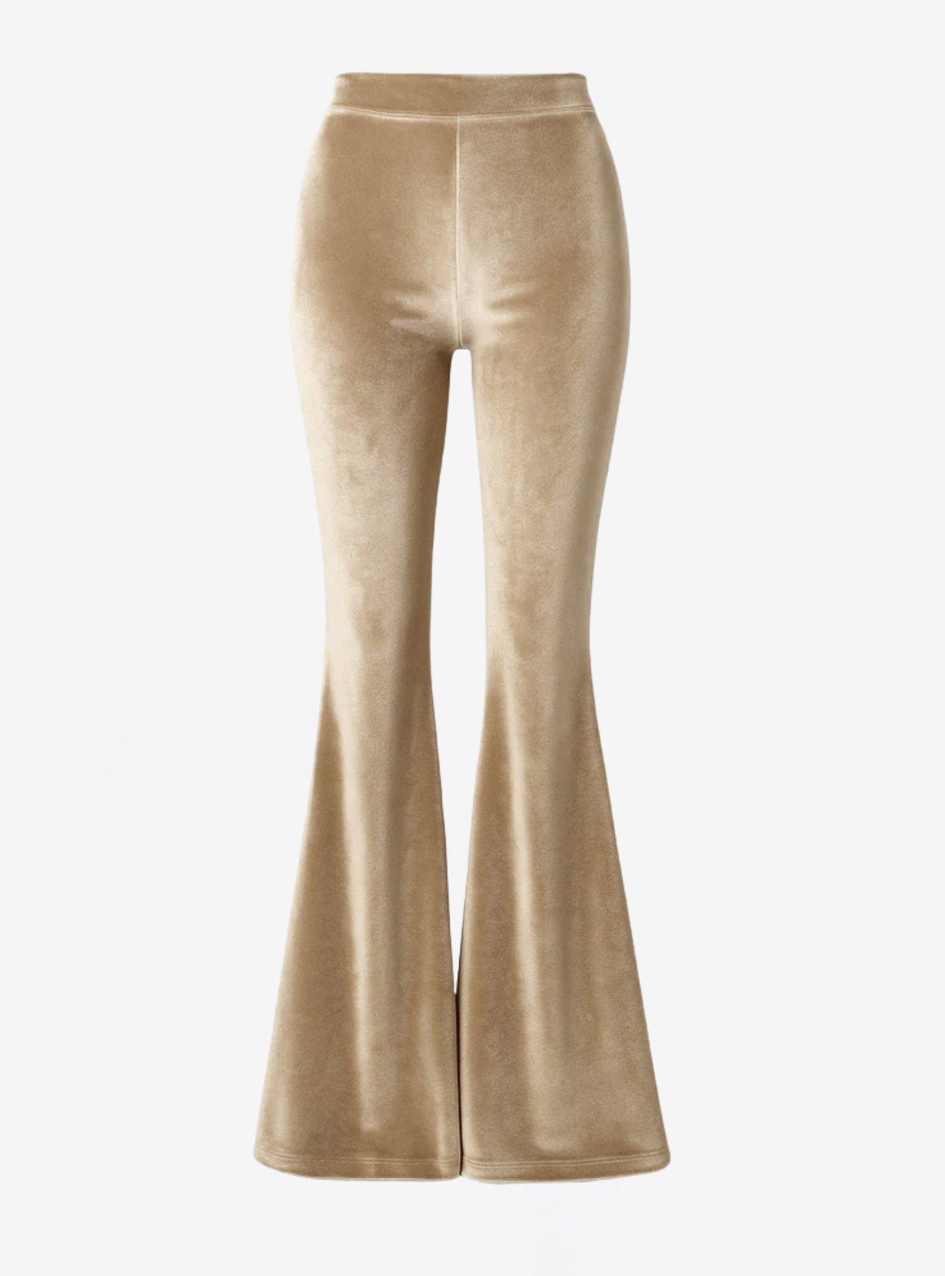 Beige Velvet Bell Bottoms Retro Boho Flare Pants, , hi-res