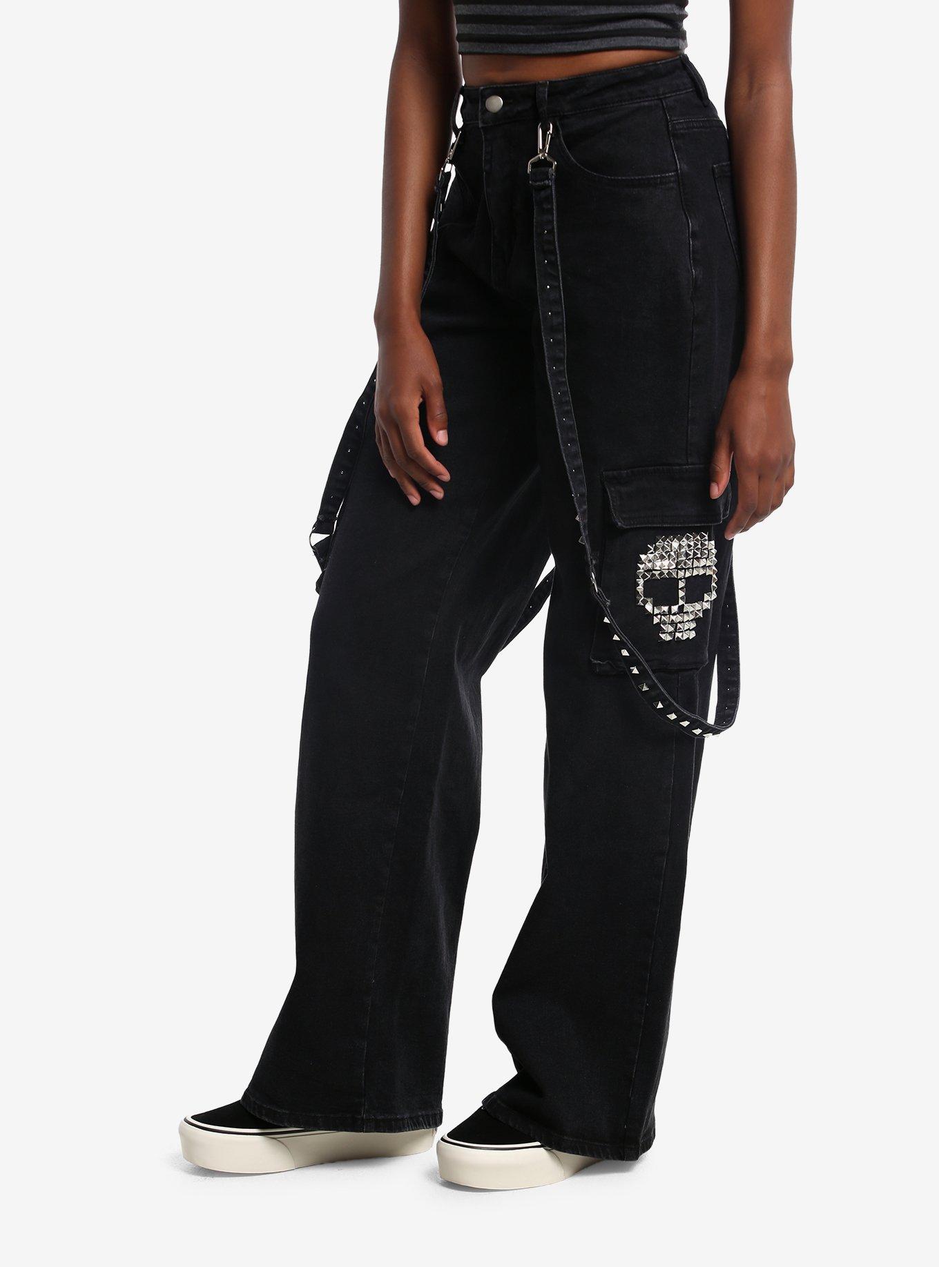 Pyramid Stud Skull Suspender Cargo Jeans, , hi-res