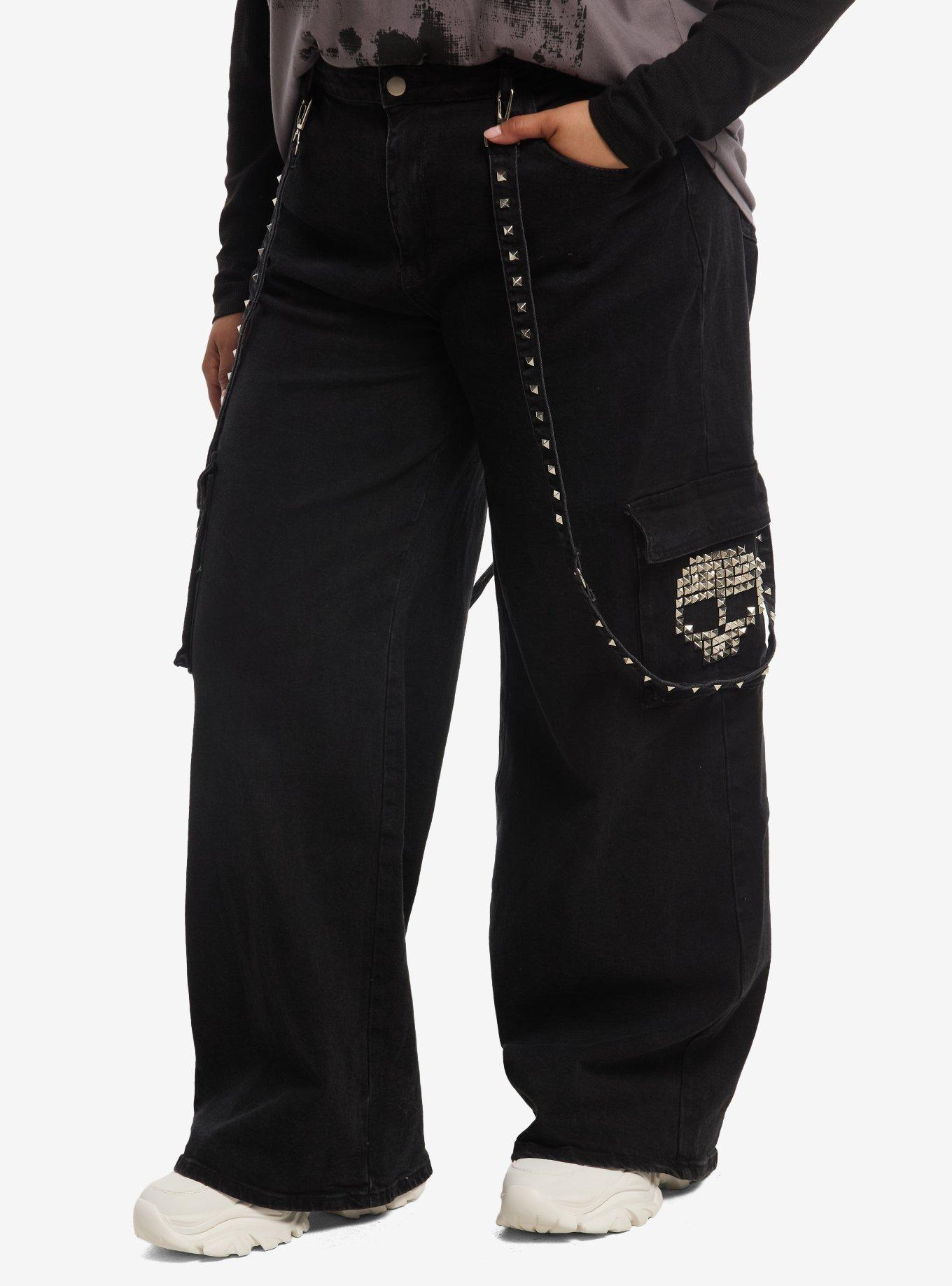 Pyramid Stud Skull Suspender Cargo Jeans Plus Size, , hi-res