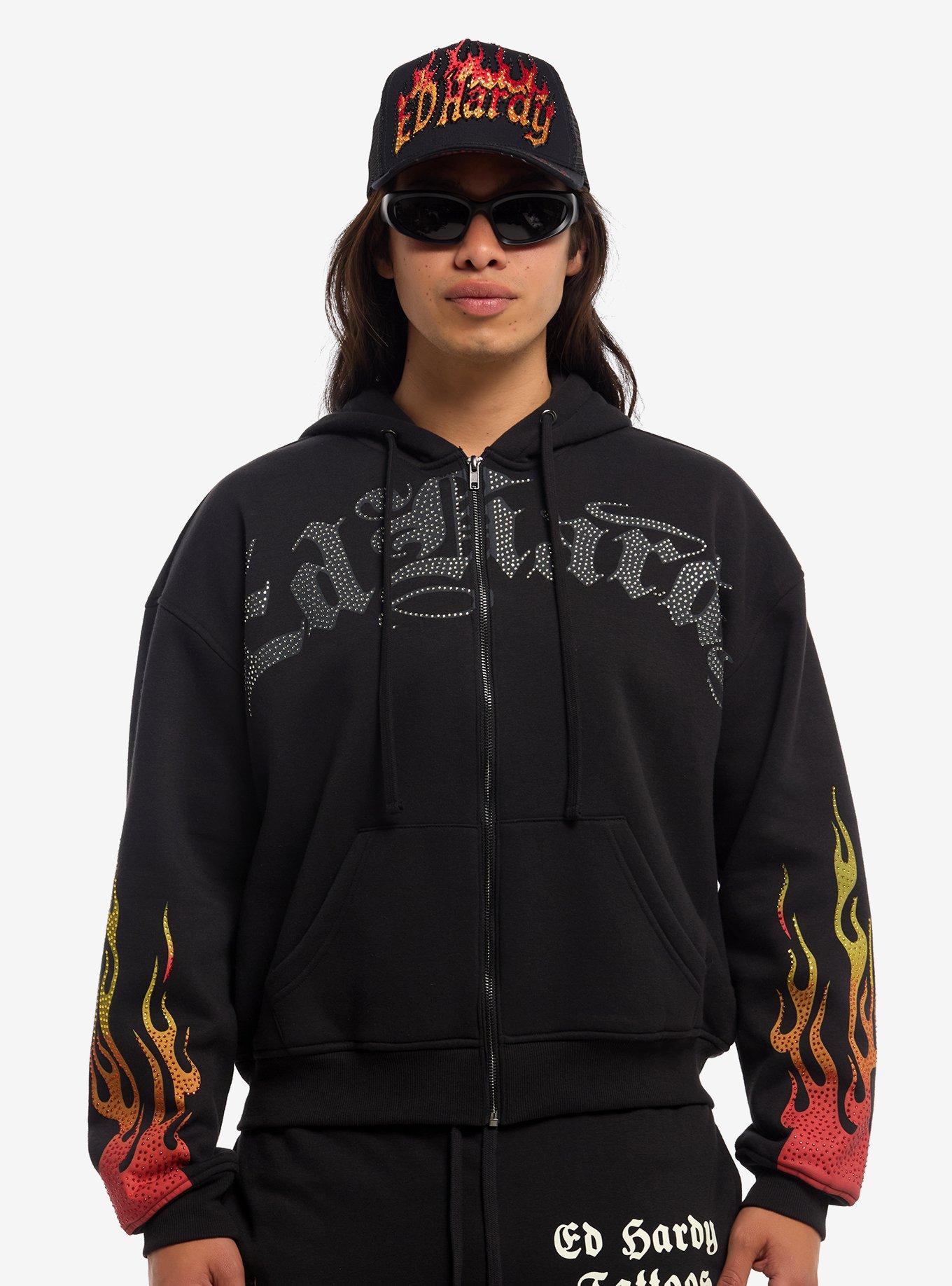 Ed Hardy Flame & Skull Rhinestone Hoodie | Hot Topic