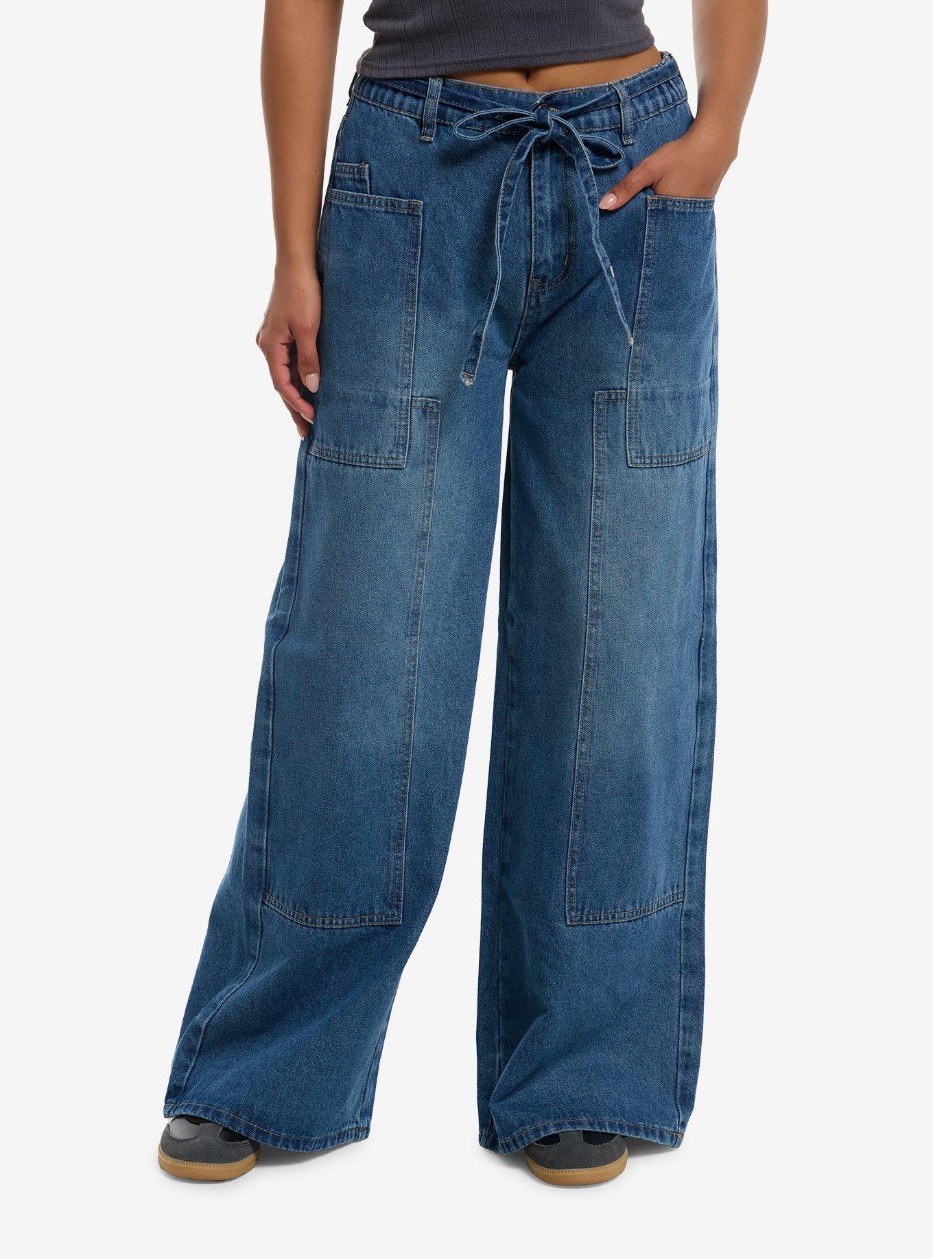 Blue Tie Waist Wide Leg Jeans, , hi-res