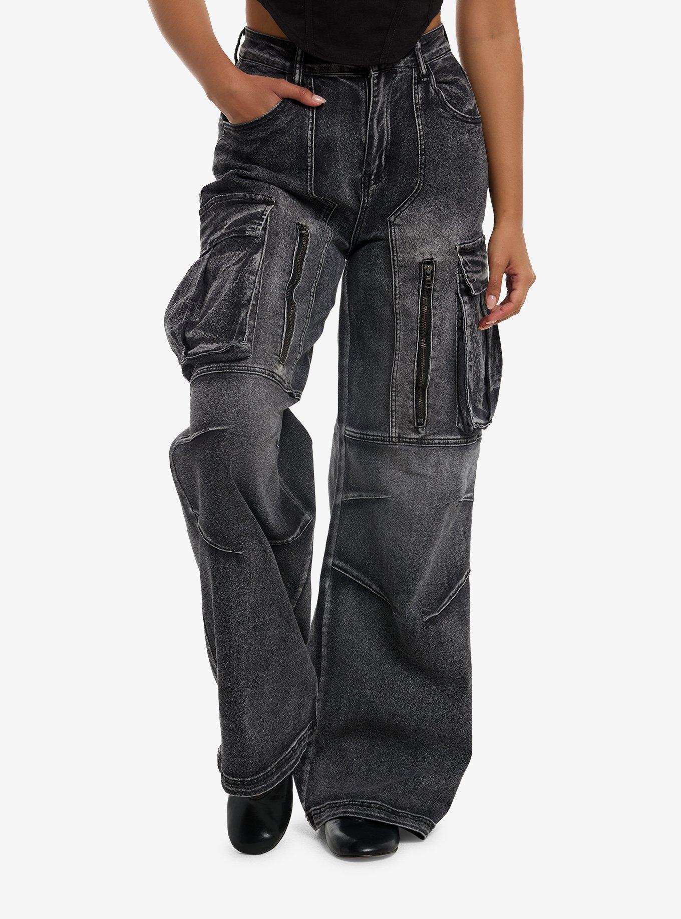 Black Wash Cargo Zipper Pocket Wide Leg Jeans, , hi-res