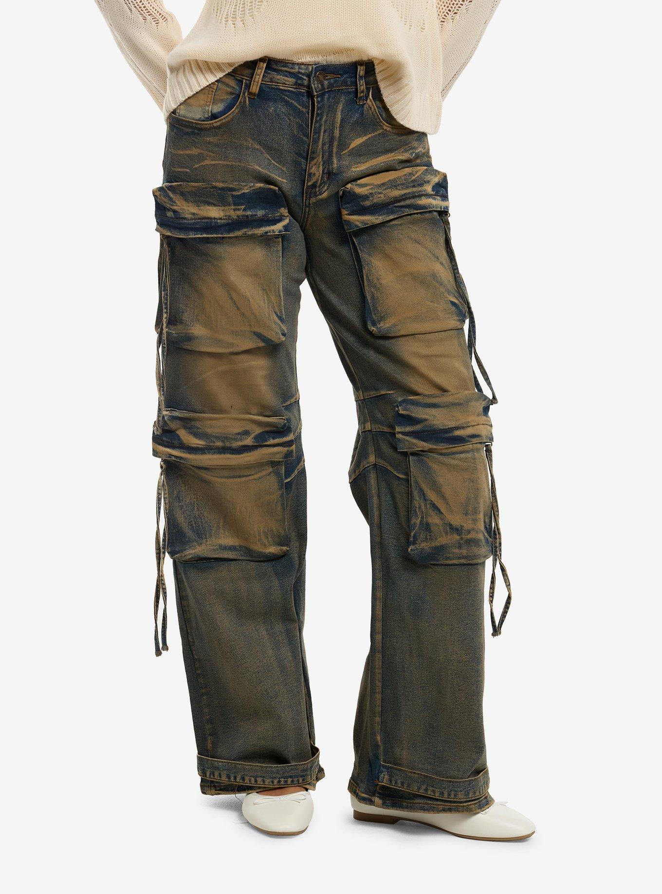 Blue & Brown Wash Cargo Wide Leg Jeans, , hi-res