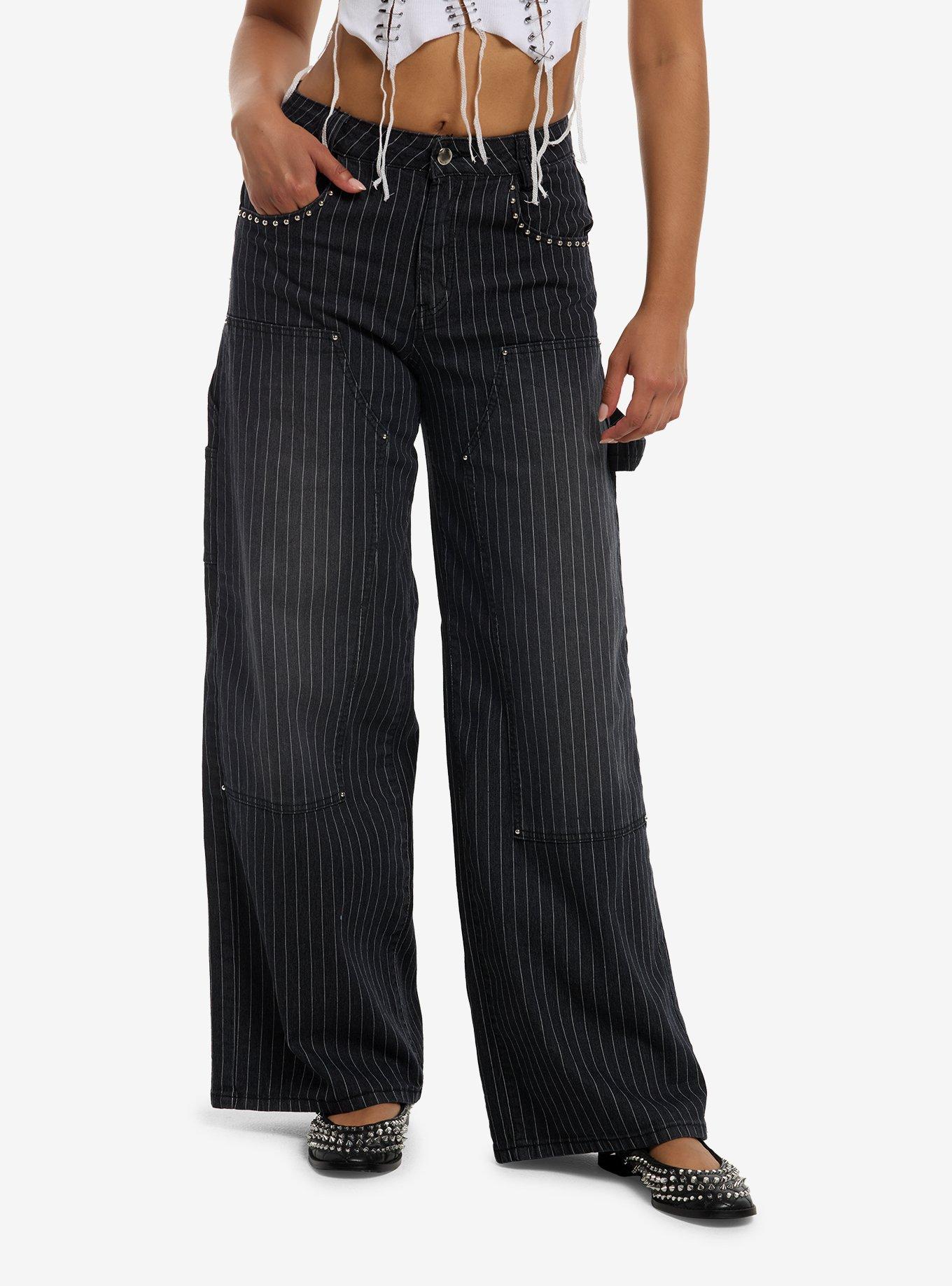 Black Pinstripe Rhinestone Wide Leg Pants, , hi-res