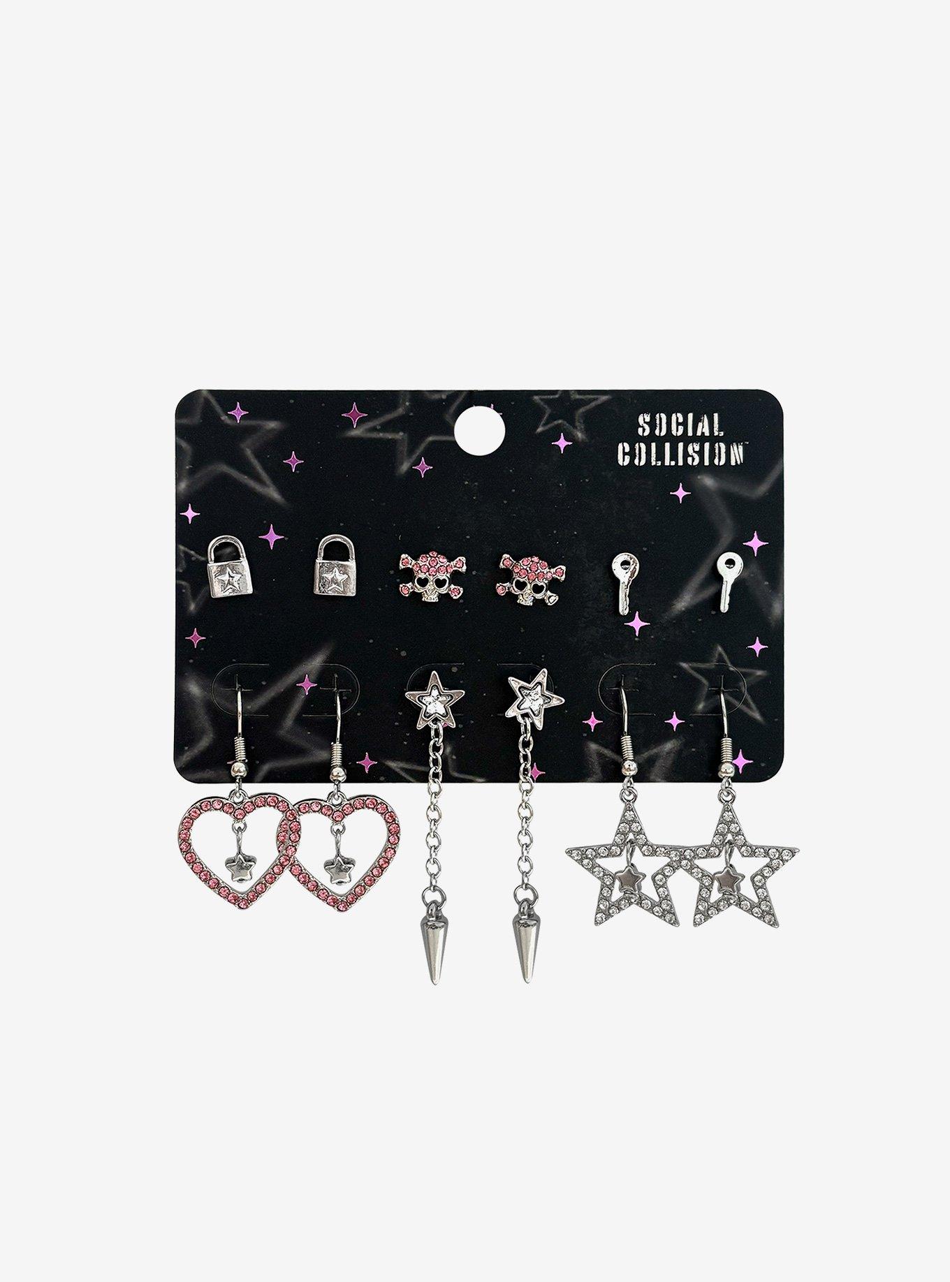 Social Collision Bling Star Heart Skull Earring Set, , hi-res