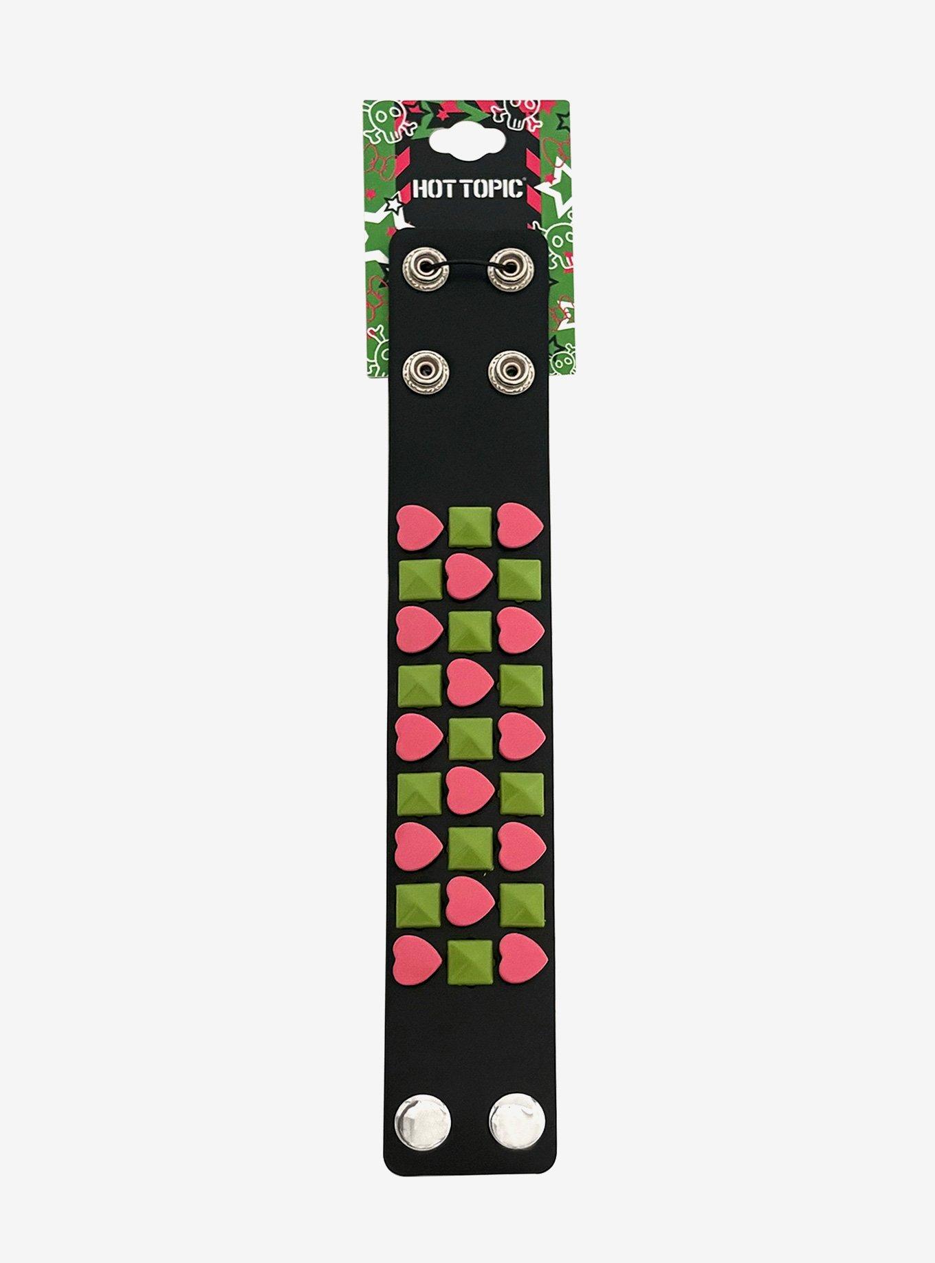 Pink Heart & Green Pyramid Stud Cuff Bracelet, , hi-res