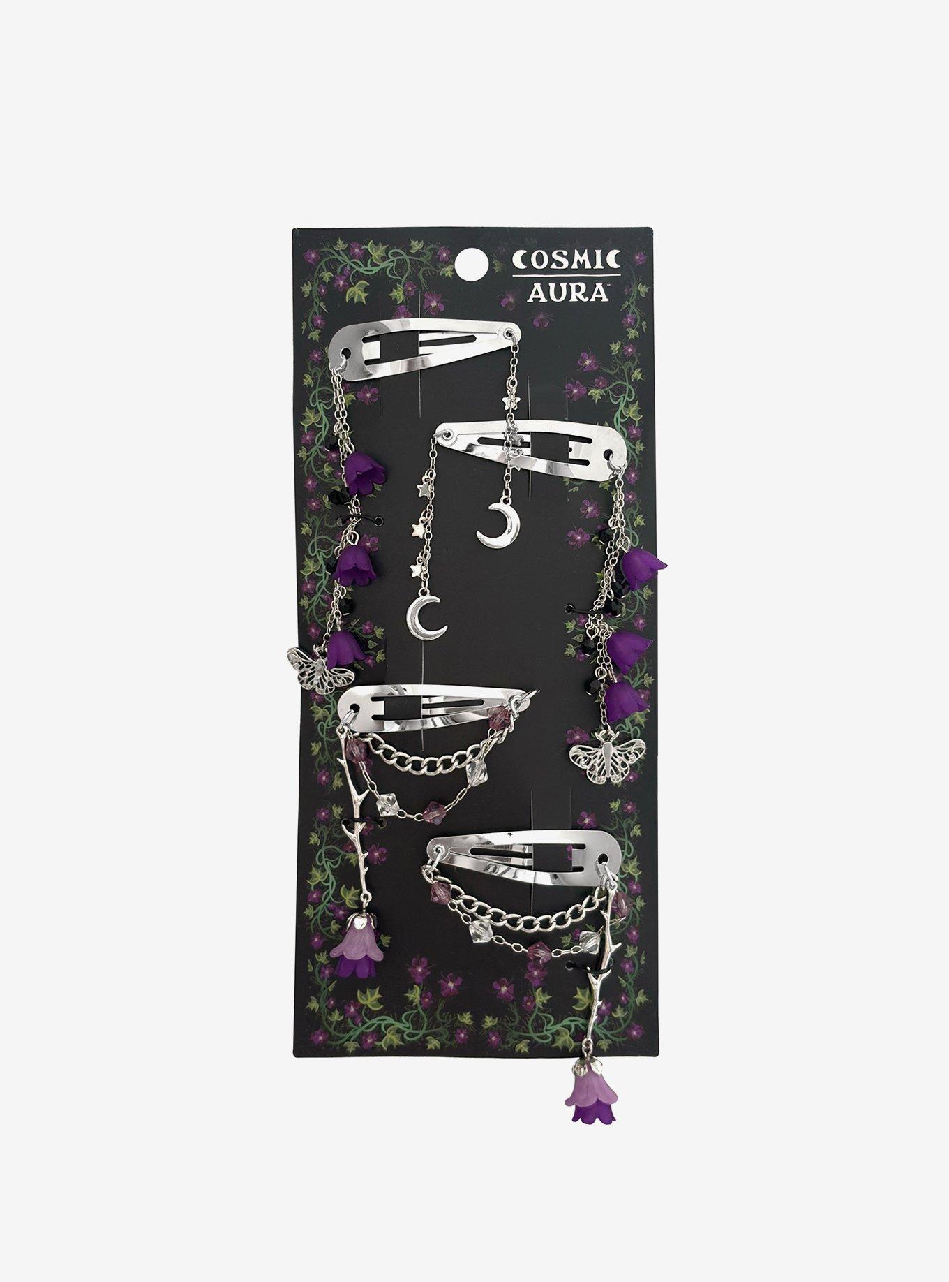 Cosmic Aura Purple Floral Moth Hair Clip Set, , hi-res