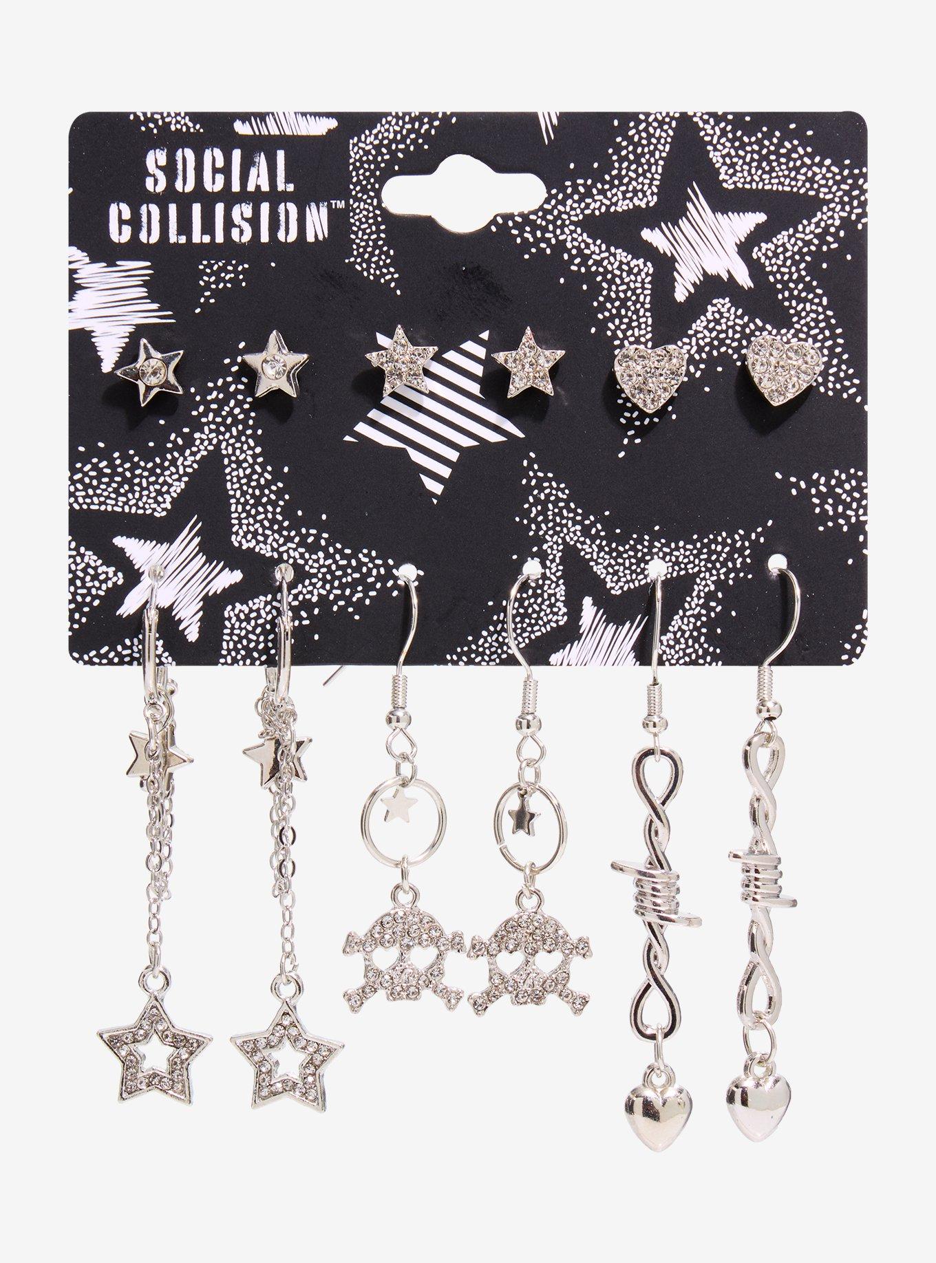 Social Collision Skull & Crossbones Barbed Wire Earring Set, , hi-res