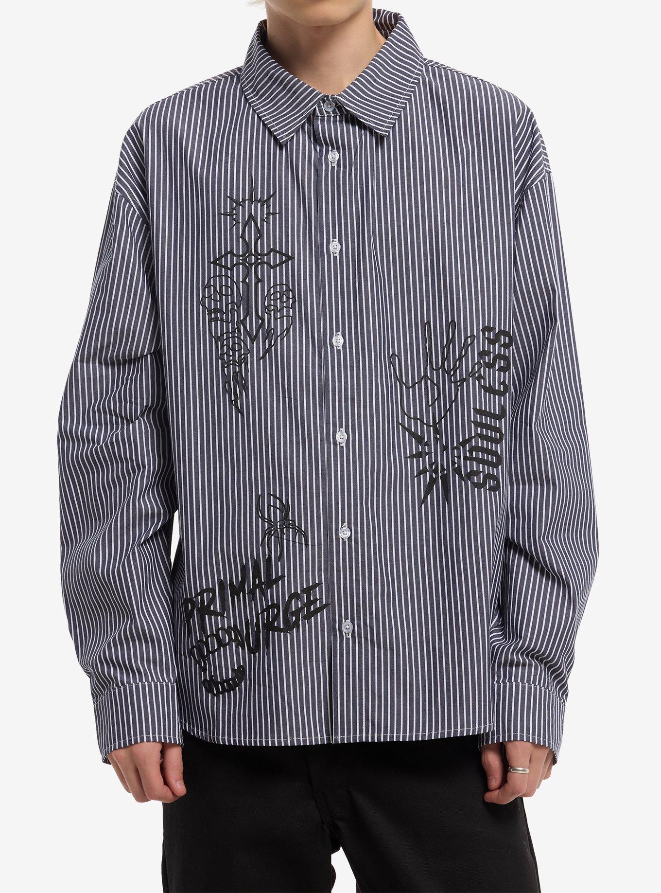 Grey & White Pinstripe Icon Print Woven Button-Up, , hi-res