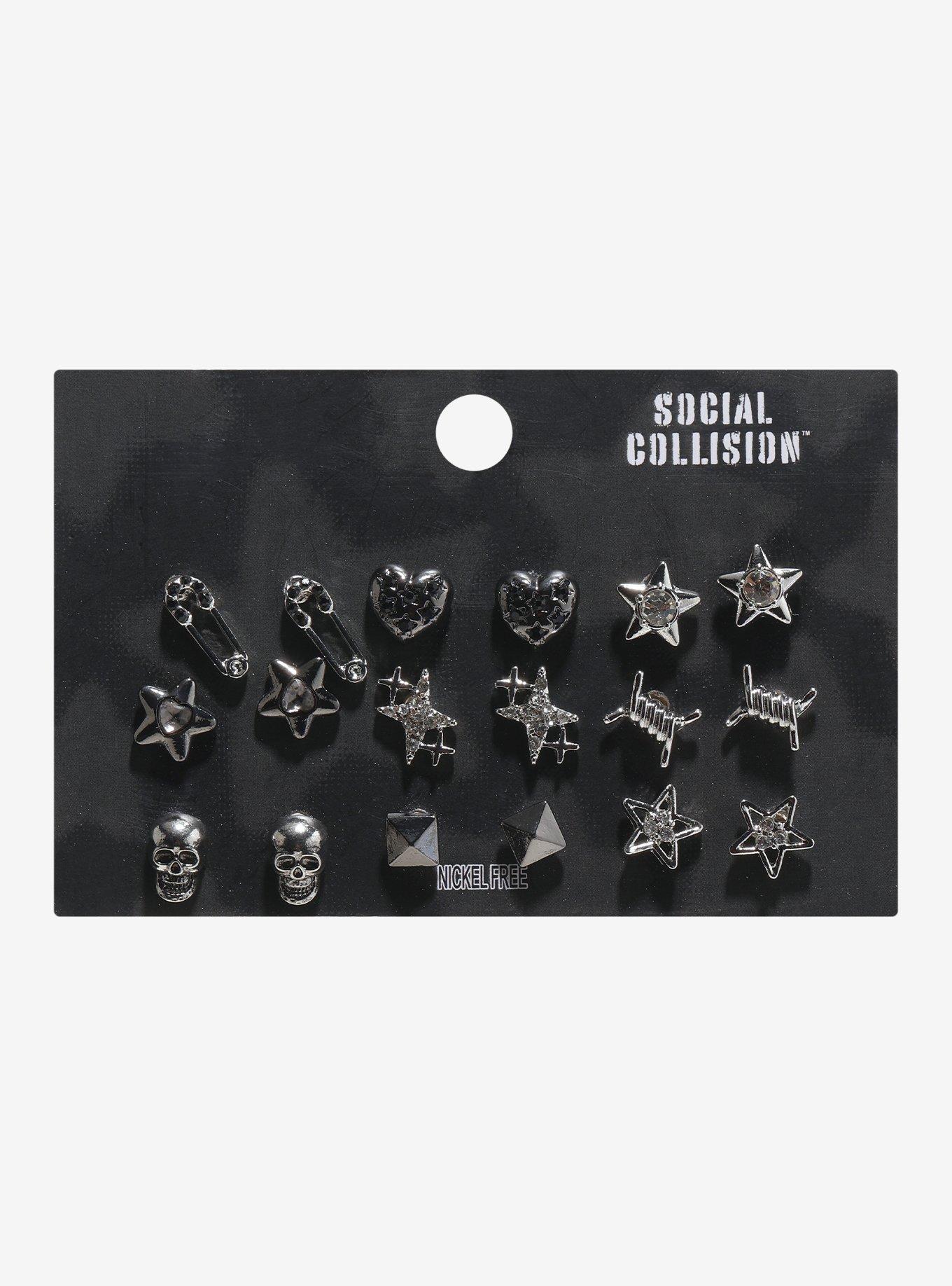 Social Collision Star Puffy Heart Skull Stud Earring Set, , hi-res