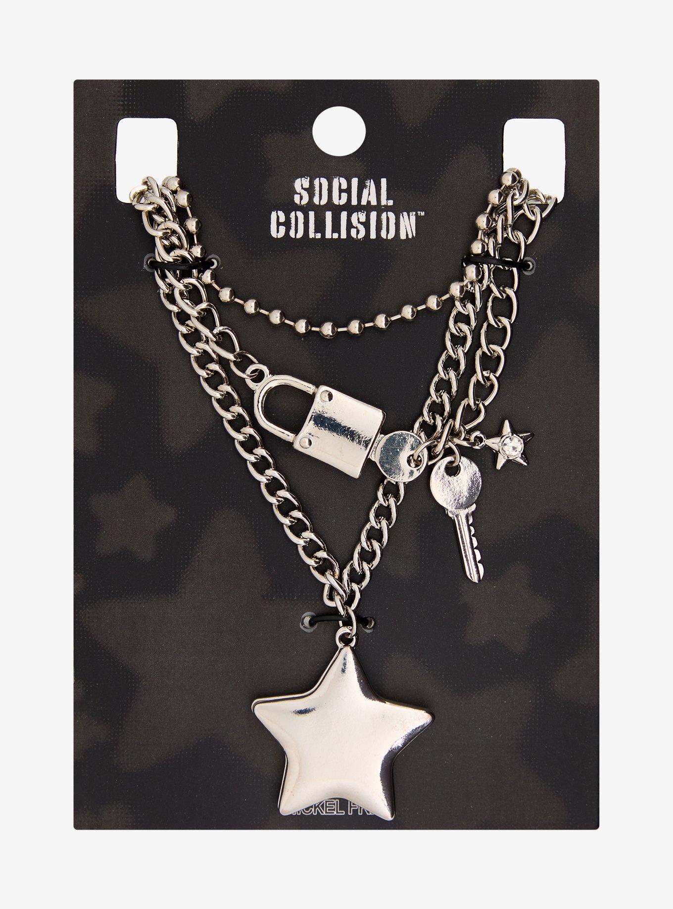 Social Collision Padlock Star Key Necklace Set, , hi-res