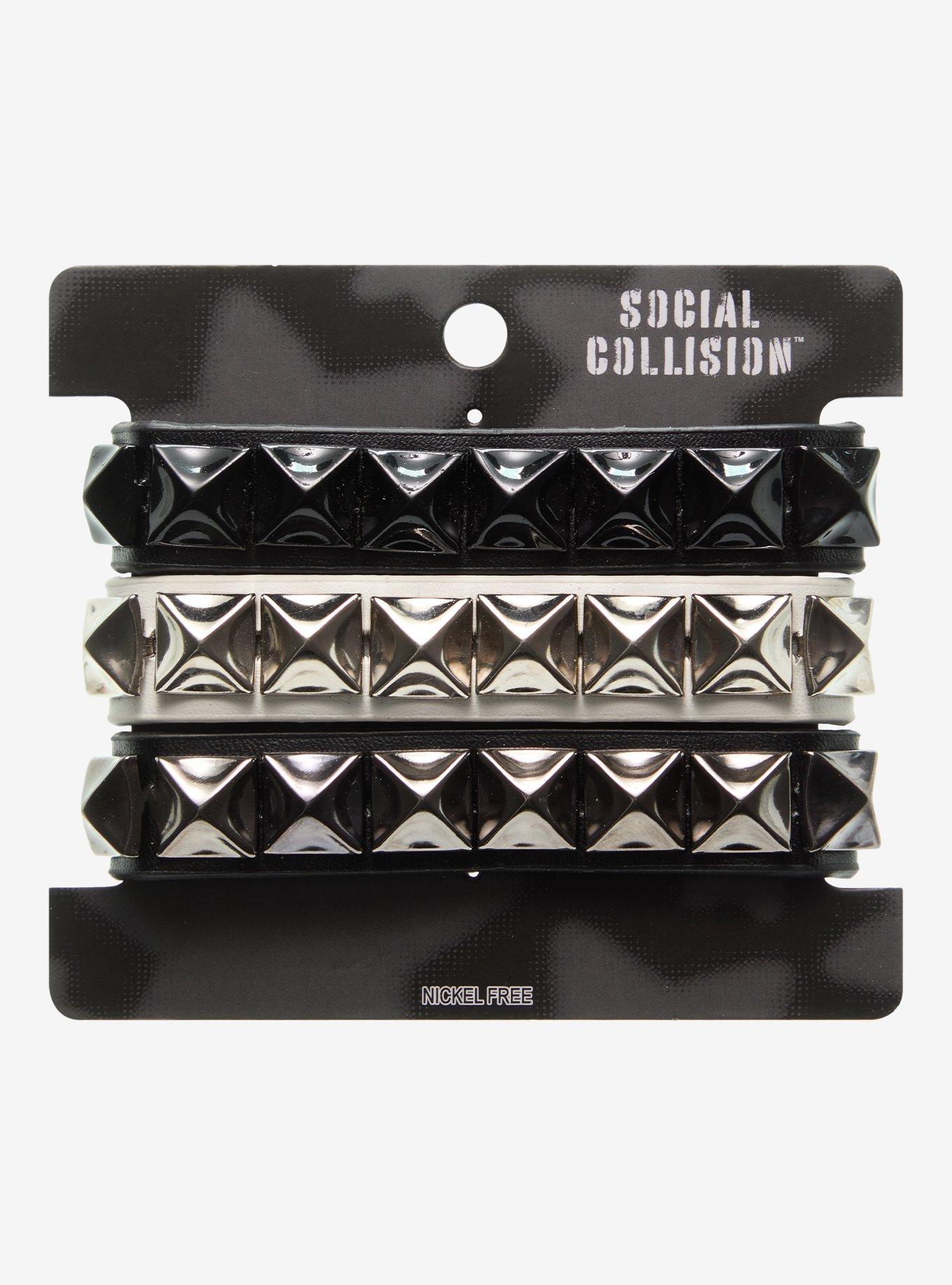 Social Collision Multi Tone Pyramid Stud Bracelet Set, , hi-res