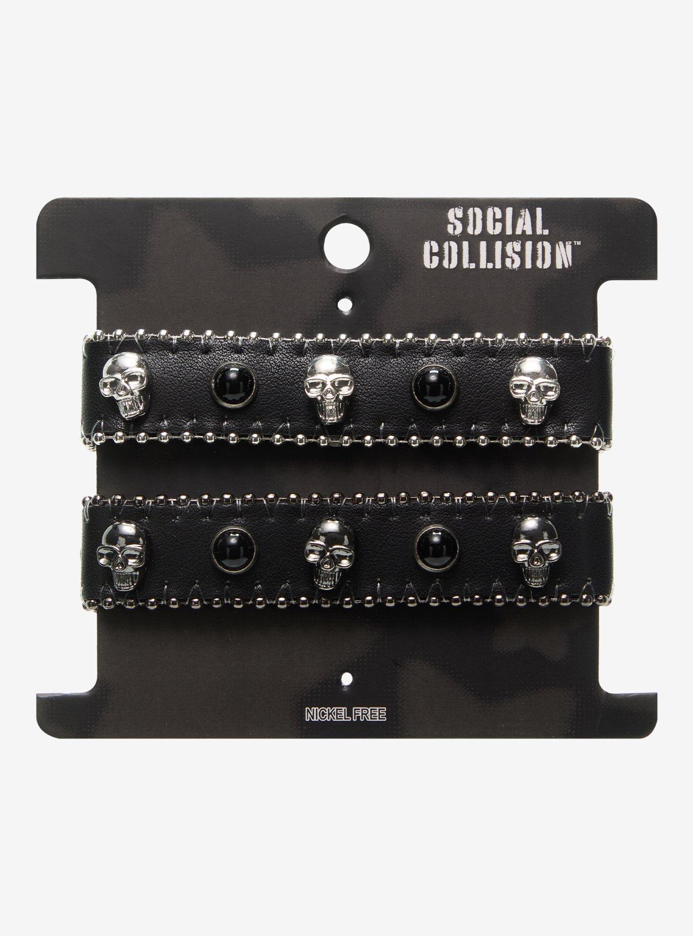 Social Collision Skull Gem Bling Cuff Bracelet Set, , hi-res