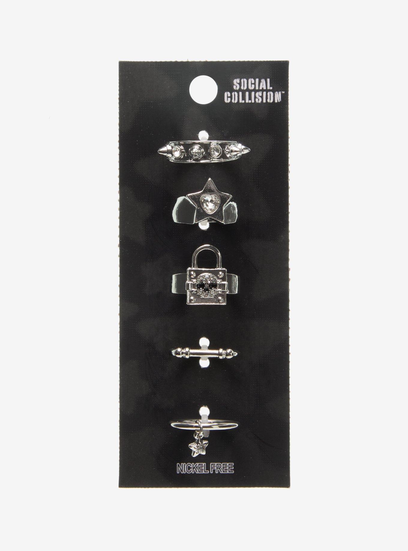 Social Collision Padlock Skull Ring Set, , hi-res