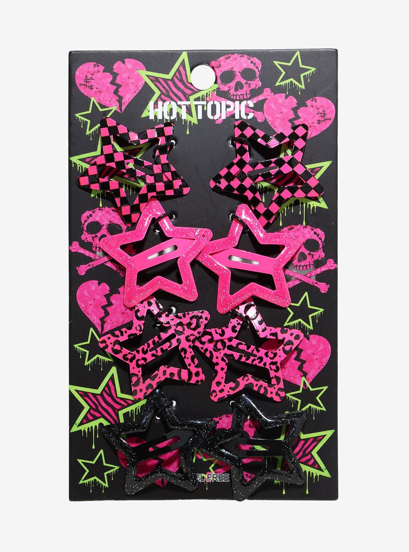Black & Pink Checkered Leopard Star Hair Clip Set, , hi-res
