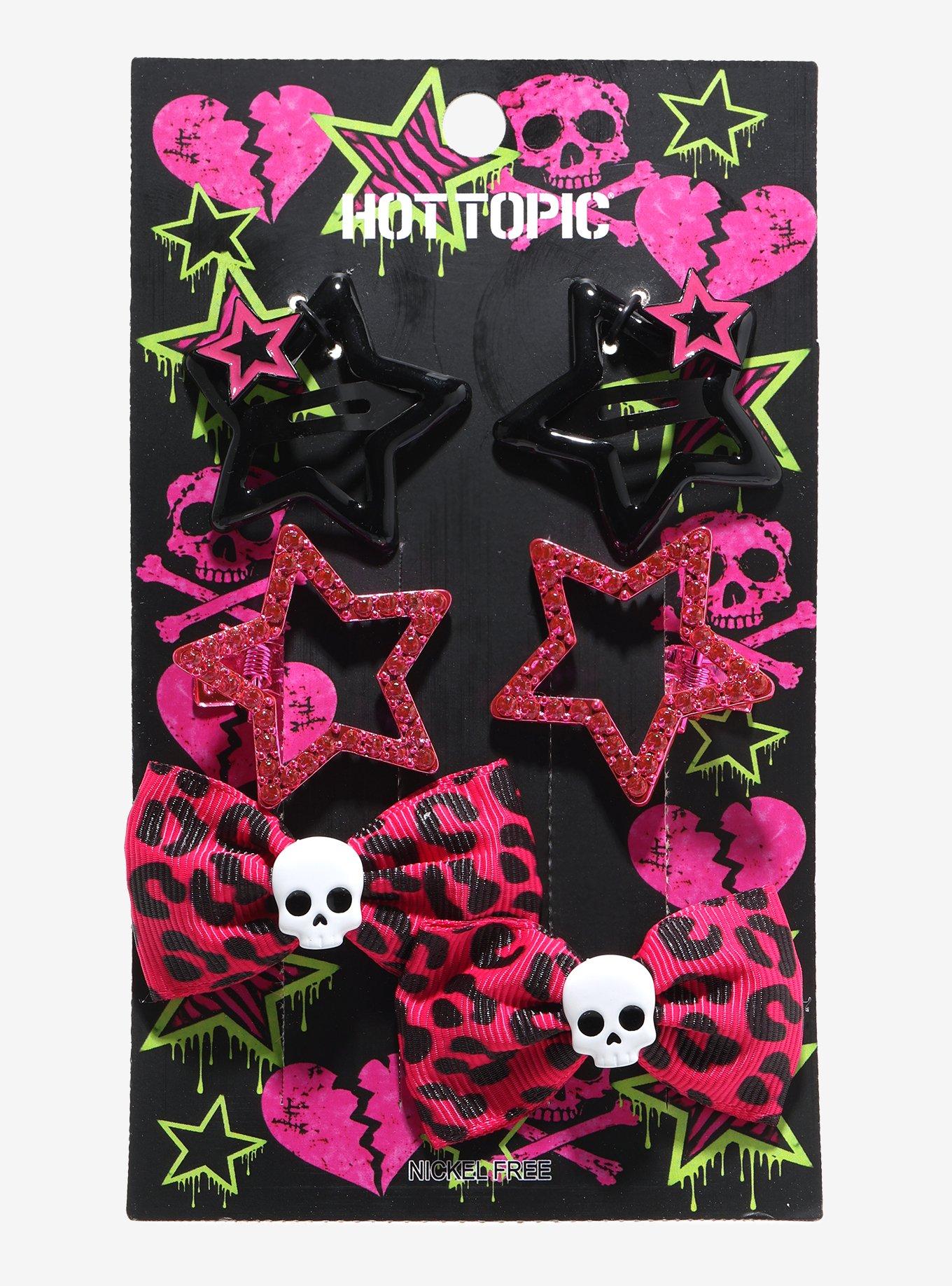 Black & Pink Star Leopard Bow Hair Clip Set, , hi-res