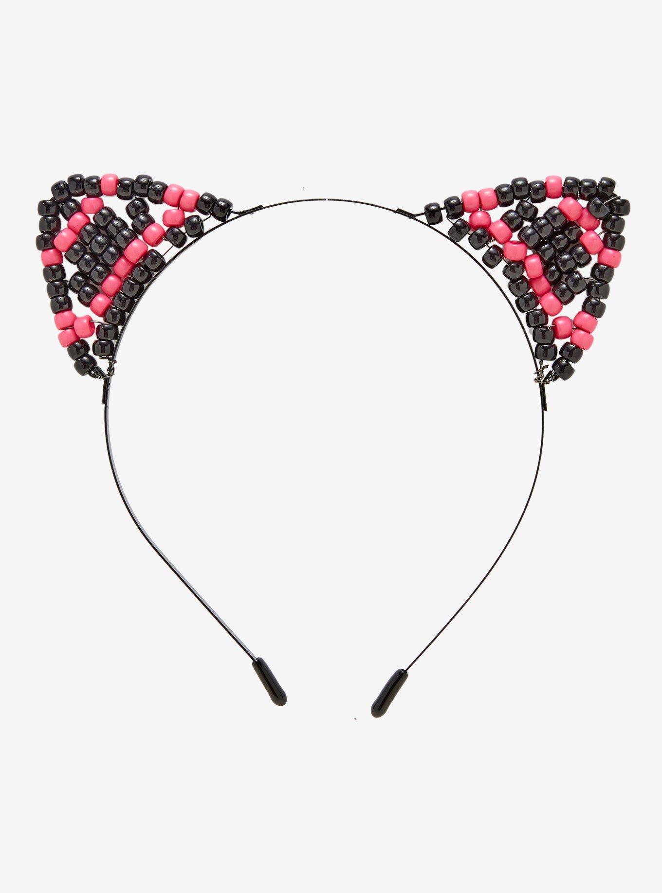 Pink & Black Bead Cat Ears Headband, , hi-res