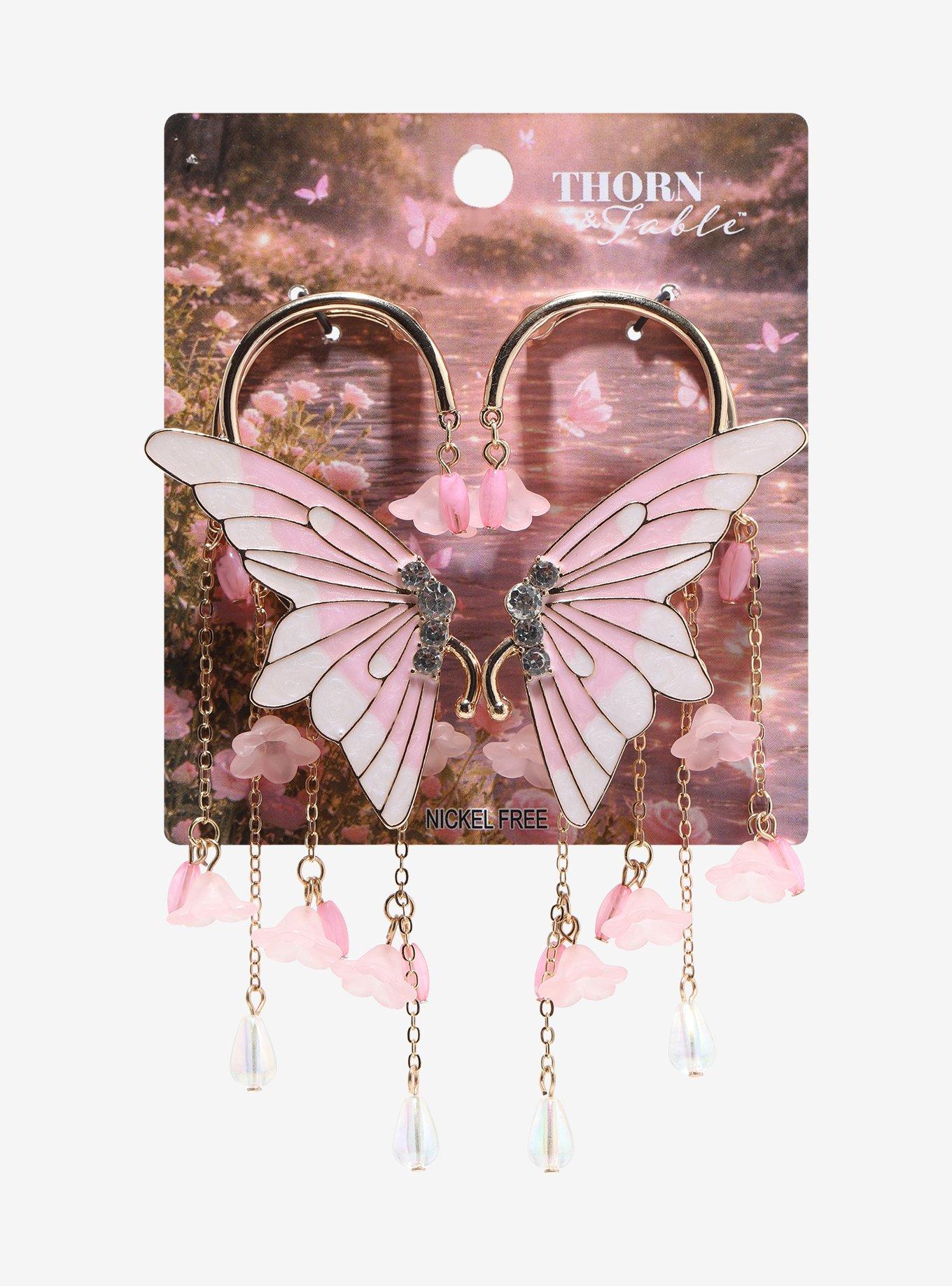 Thorn & Fable Pink Wing Floral Bead Ear Cuff Set, , hi-res