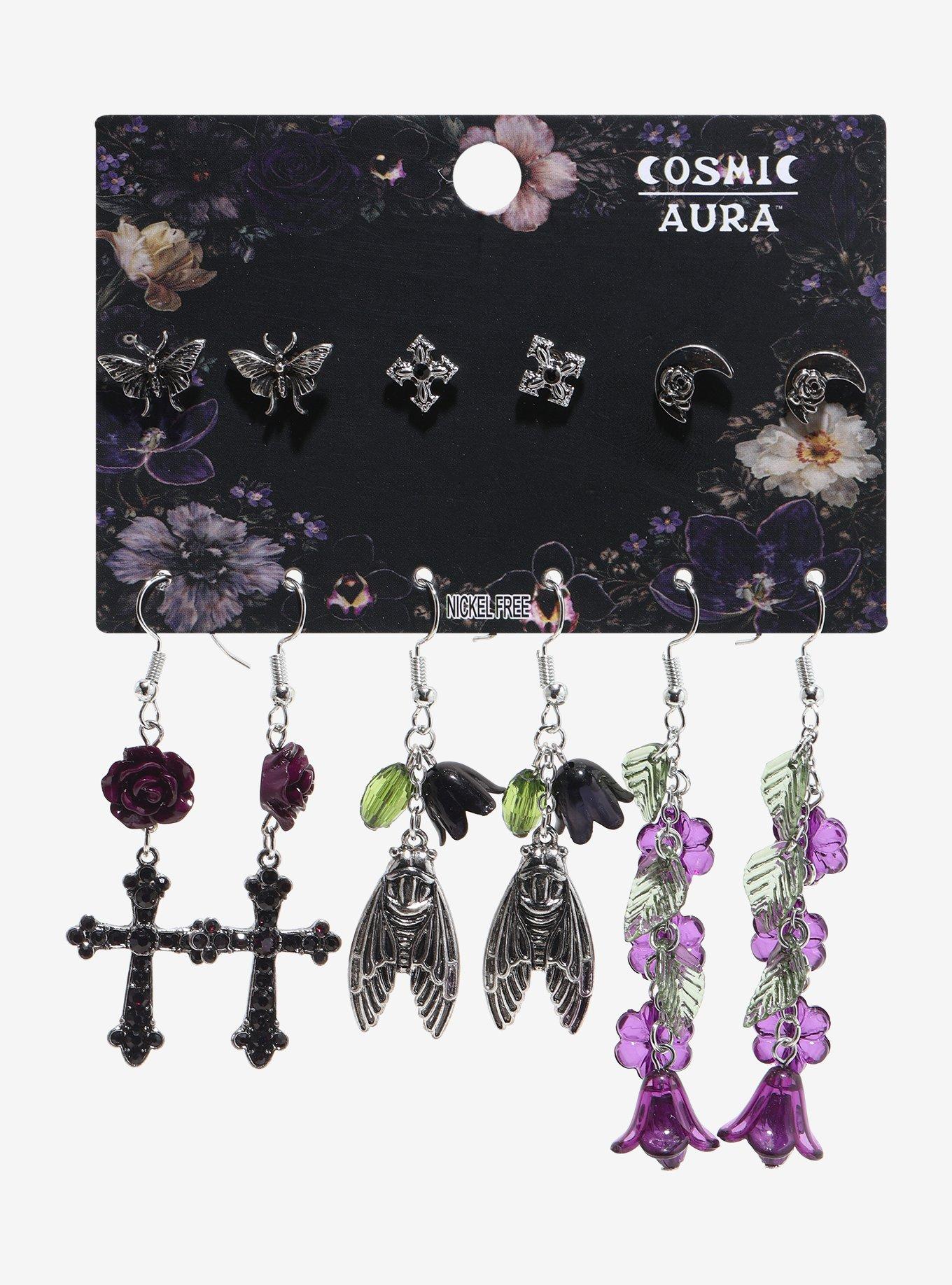 Cosmic Aura Dark Flower Cicada Earring Set, , hi-res