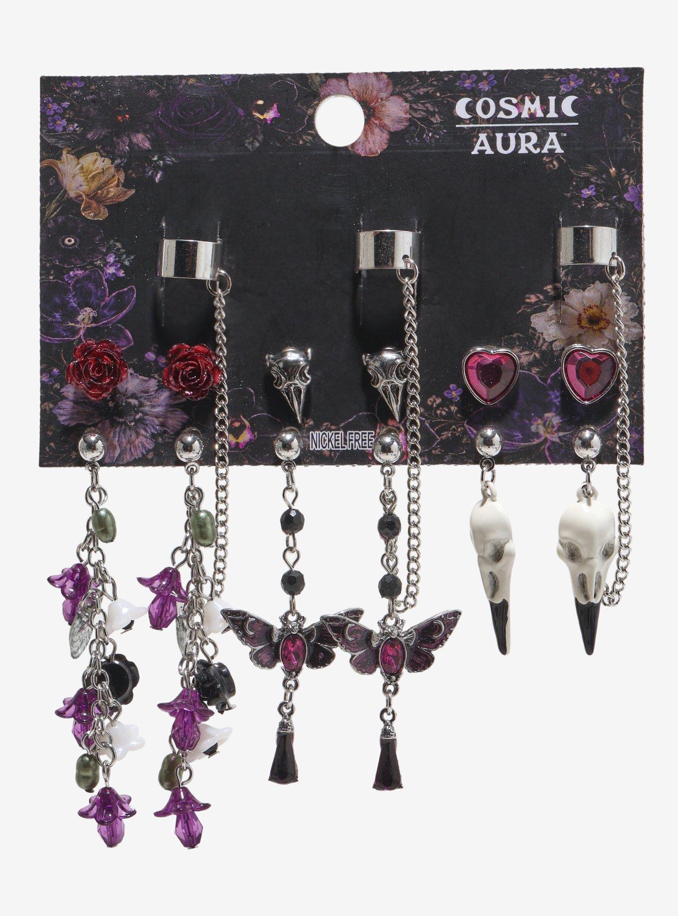 Cosmic Aura Bird Skull Dark Floral Earring Set, , hi-res