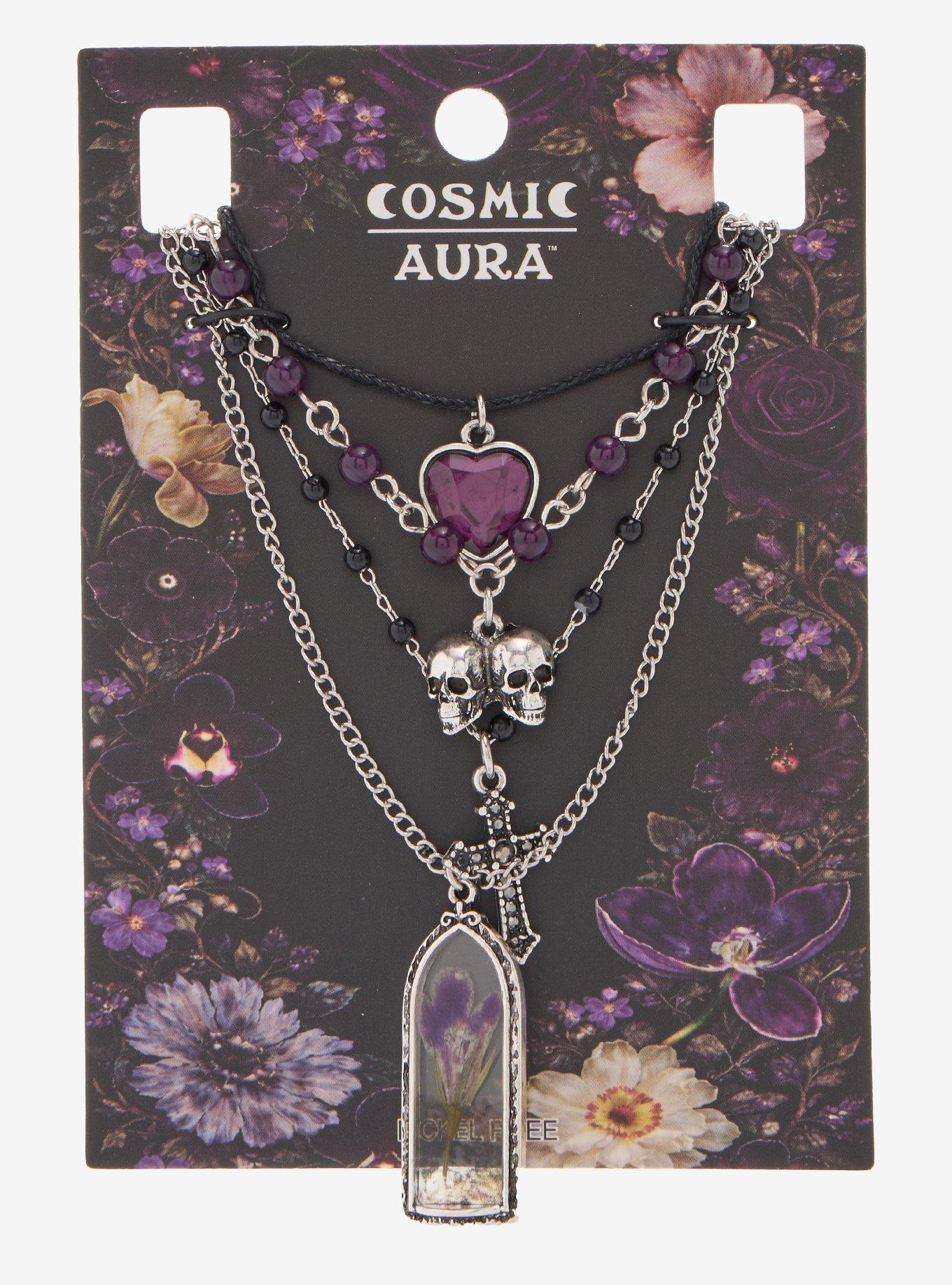 Cosmic Aura Goth Flower Skull Necklace Set, , hi-res