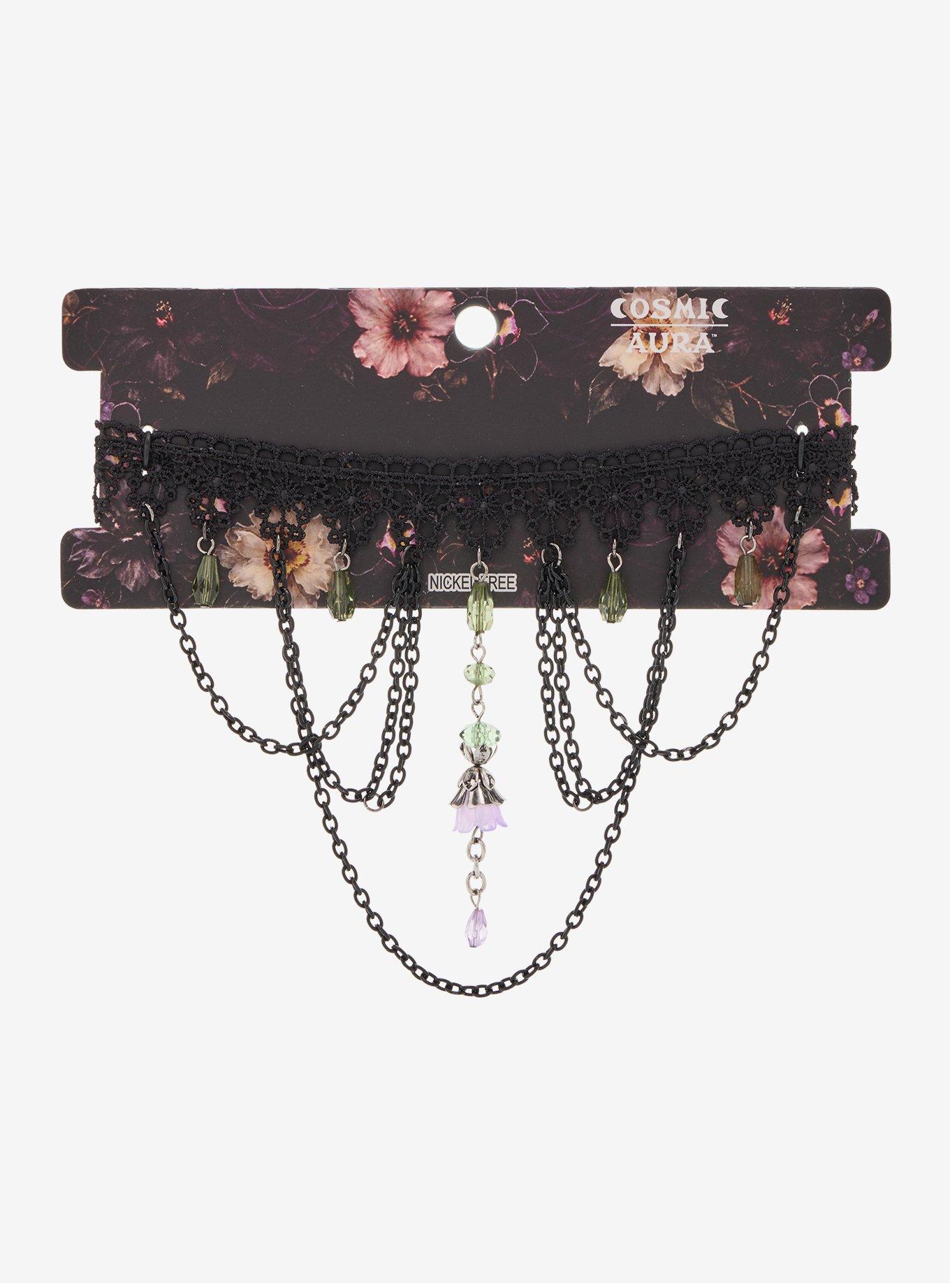 Cosmic Aura Chain Drop Embroidered Flower Choker, , hi-res