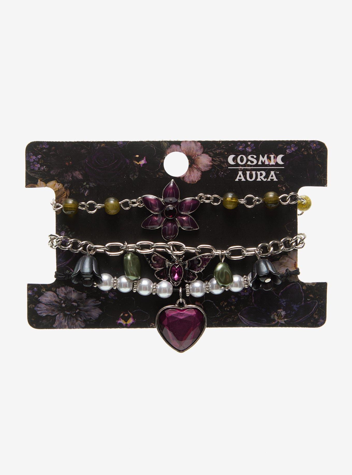 Cosmic Aura Dark Purple Gem Flower Heart Bracelet Set, , hi-res